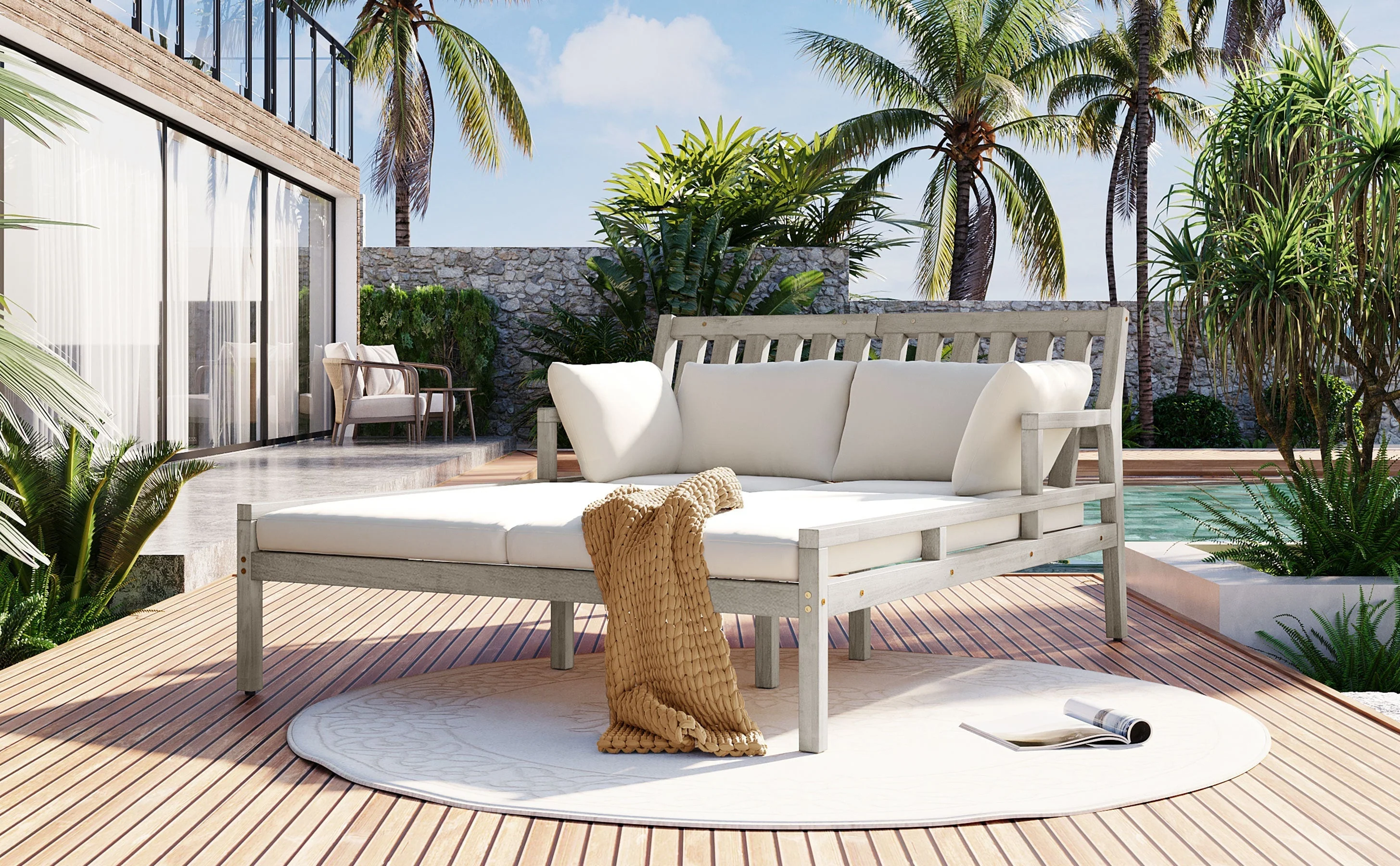 Outdoor Daybed With Four Pillows (Gray+Beige Cushion) - Image 33