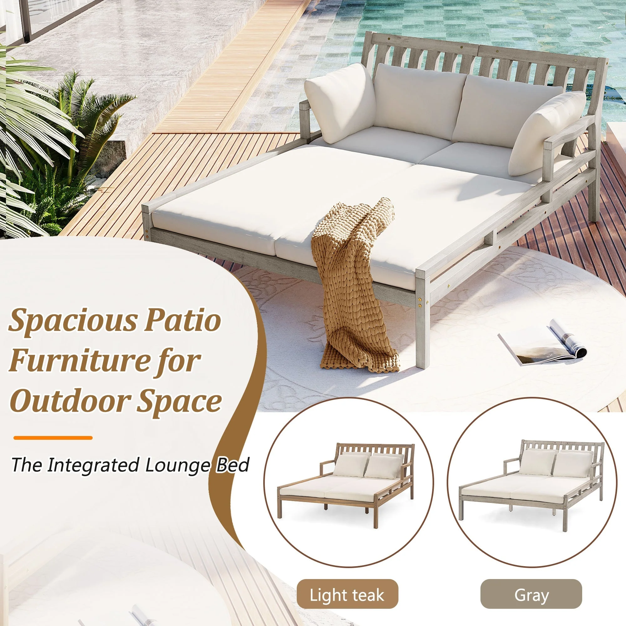 Outdoor Daybed With Four Pillows (Gray+Beige Cushion) - Image 5