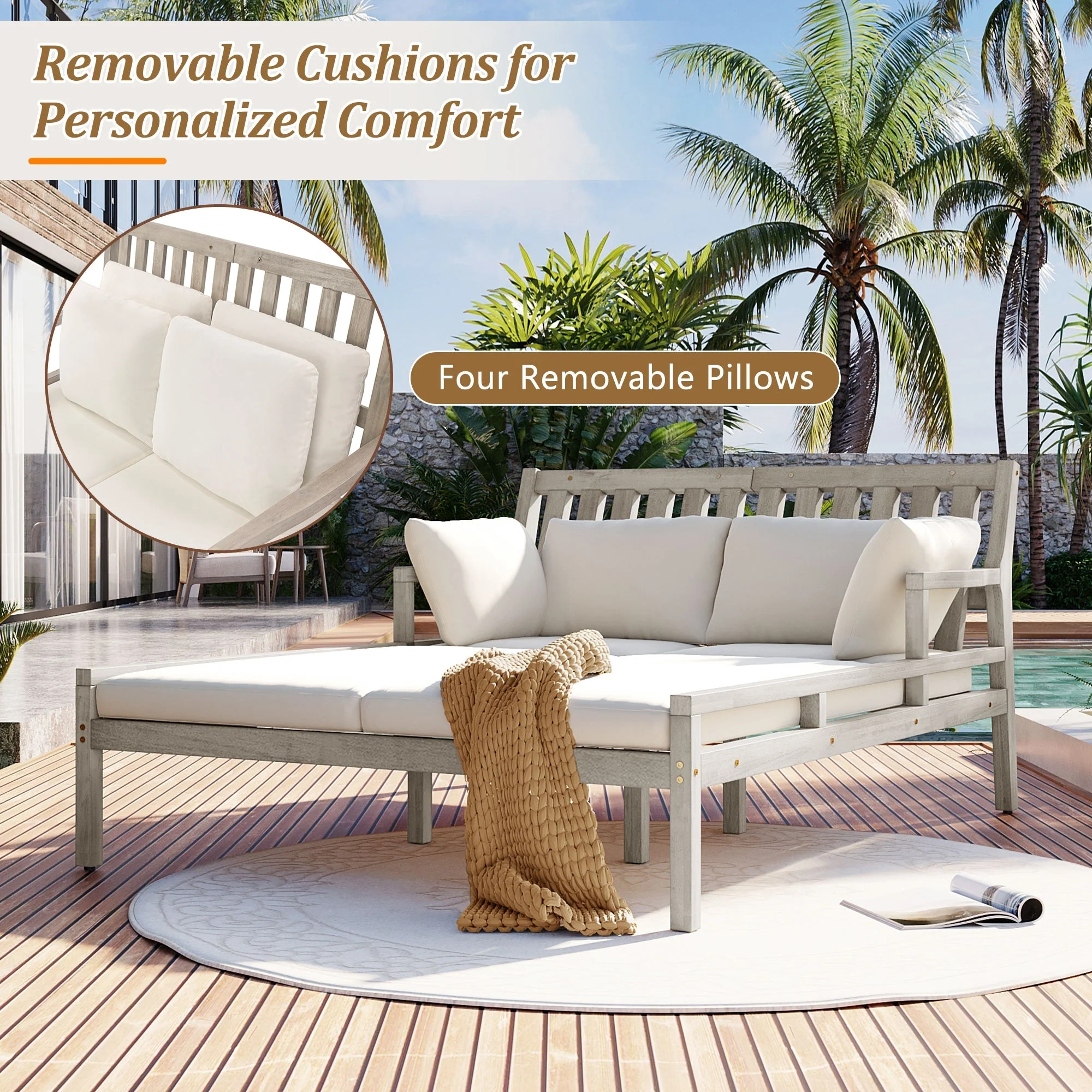 Outdoor Daybed With Four Pillows (Gray+Beige Cushion) - Image 6