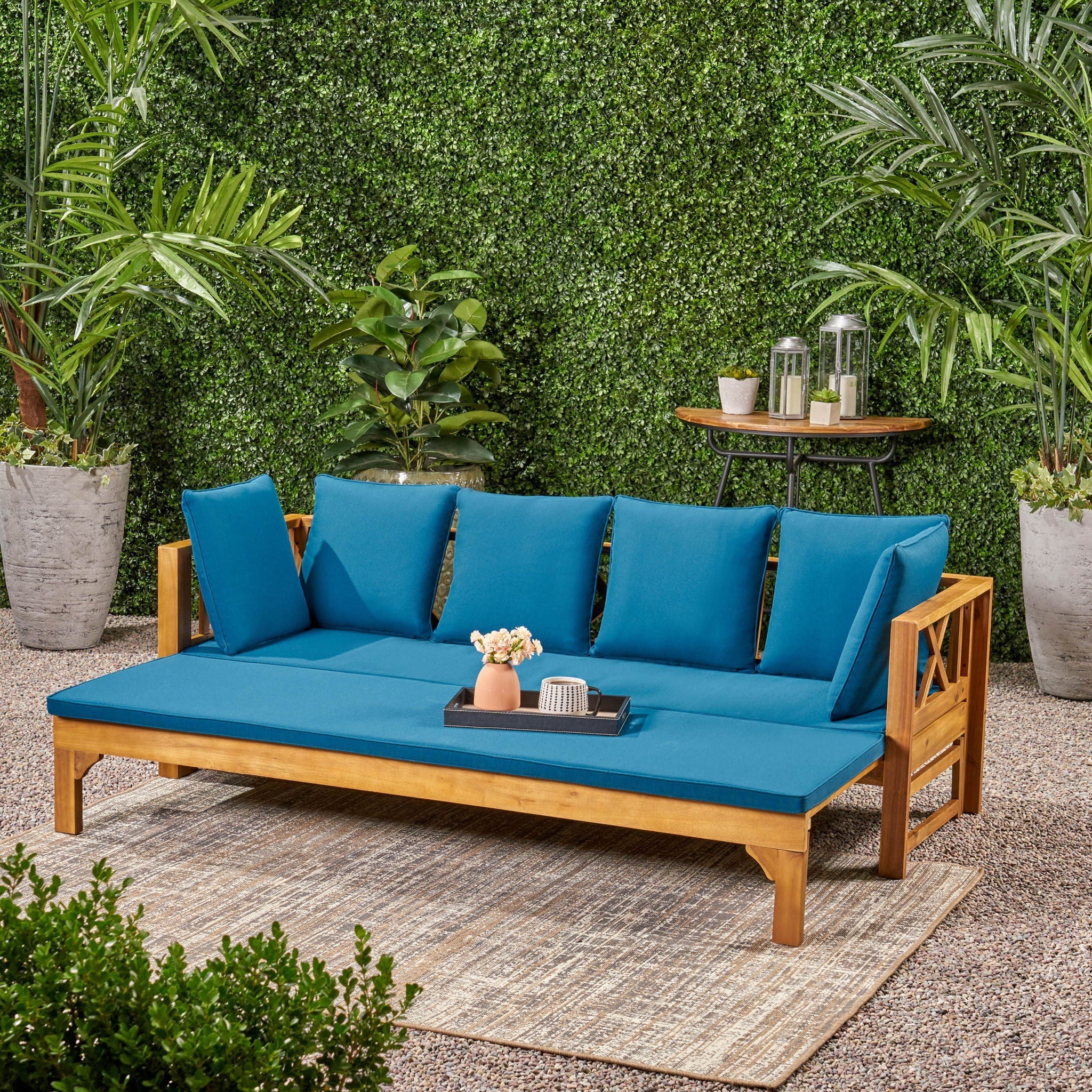 Outdoor Daybed With X-Shaped Panel Backrest And Armrests - Teak - Image 4