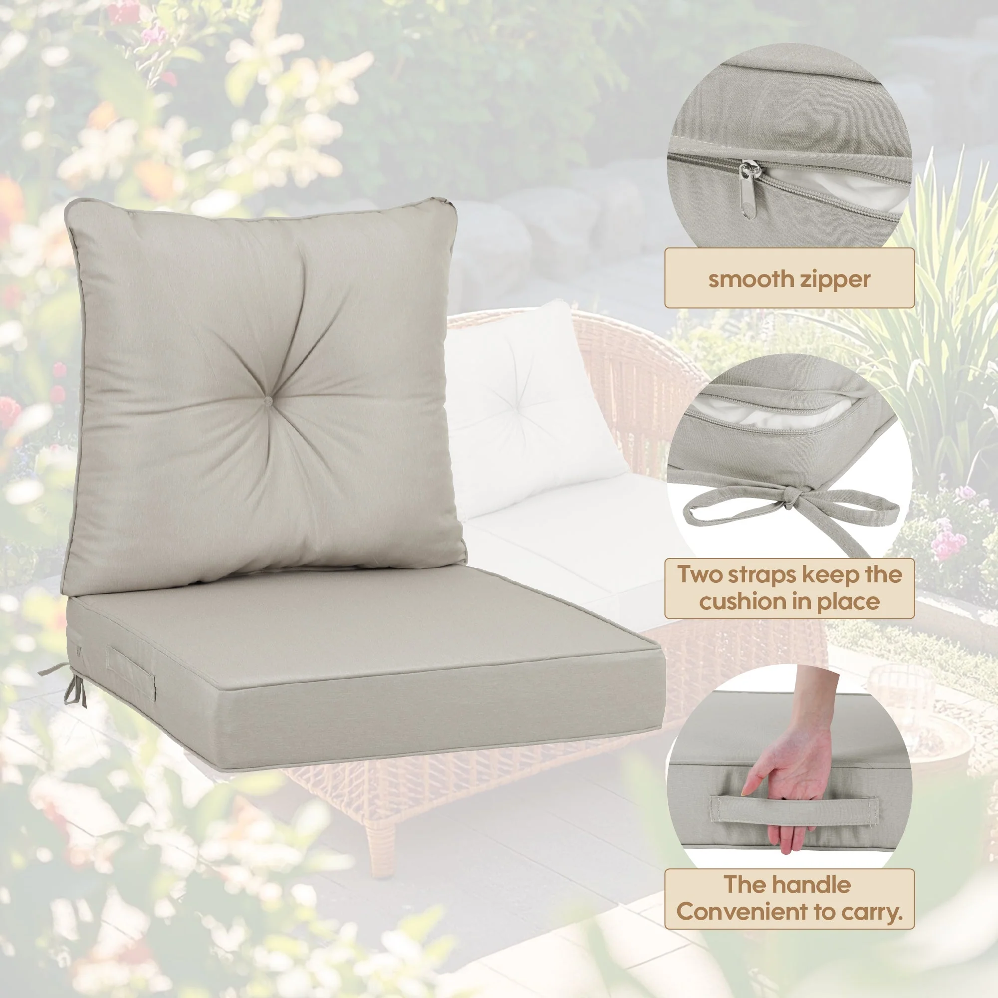 Outdoor Deep Seat Cushions for Patio Furniture Waterproof Set, Beige Polyester 24x24x4 Inches - Image 2