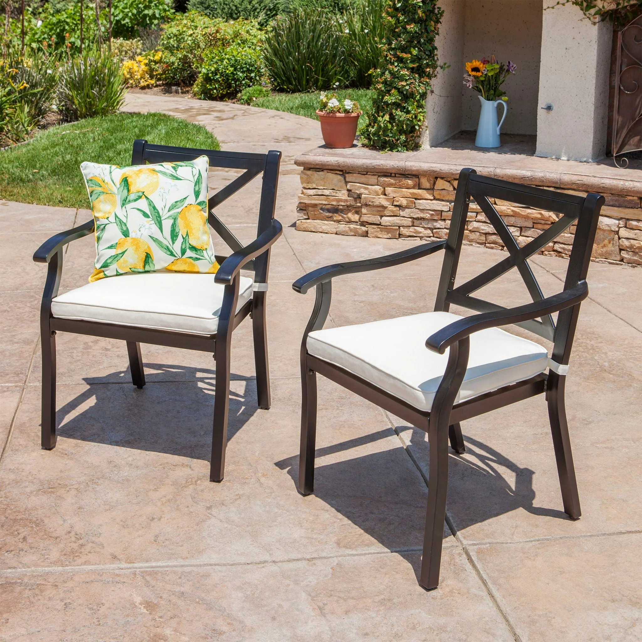 Outdoor Dining Chair Set With Water Resistant Cushions - Black / Ivory - Image 2