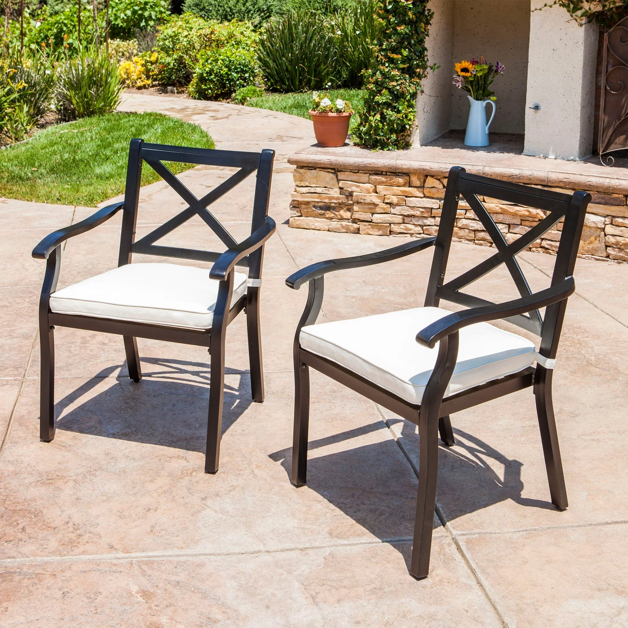 Outdoor Dining Chair Set With Water Resistant Cushions - Black / Ivory - Image 4