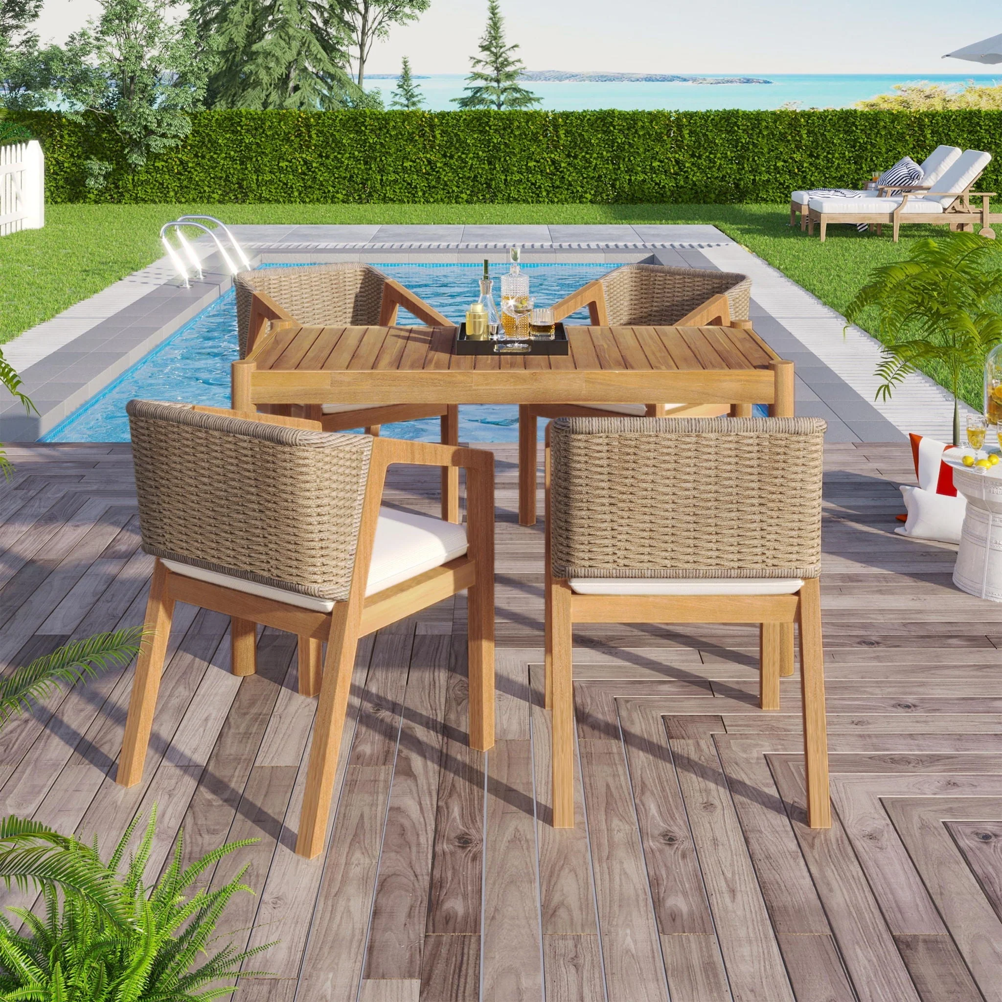 Outdoor Dining Set 1 Table 4 Chairs (Set of 5) - Teak / Beige - Image 2