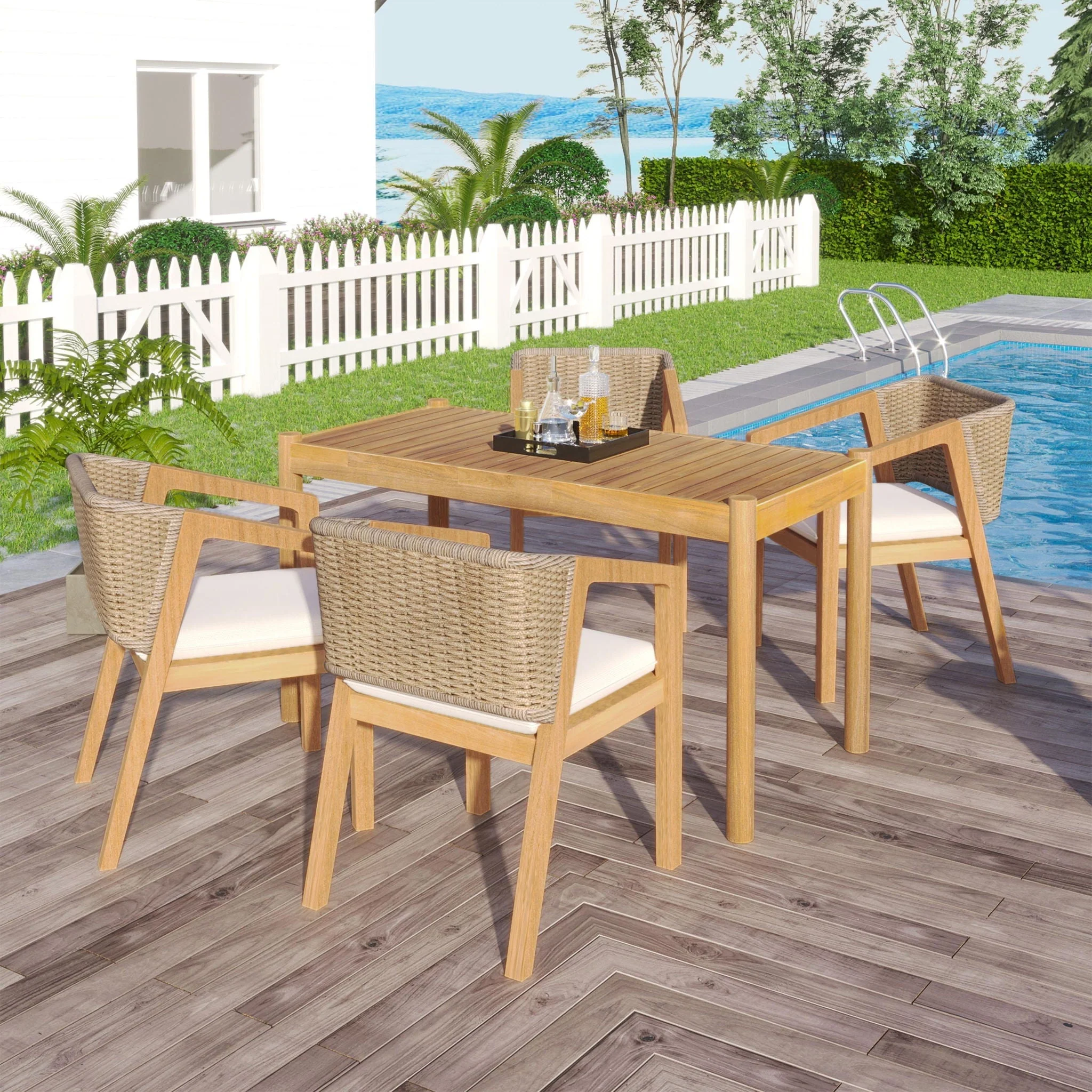 Outdoor Dining Set 1 Table 4 Chairs (Set of 5) - Teak / Beige - Image 3