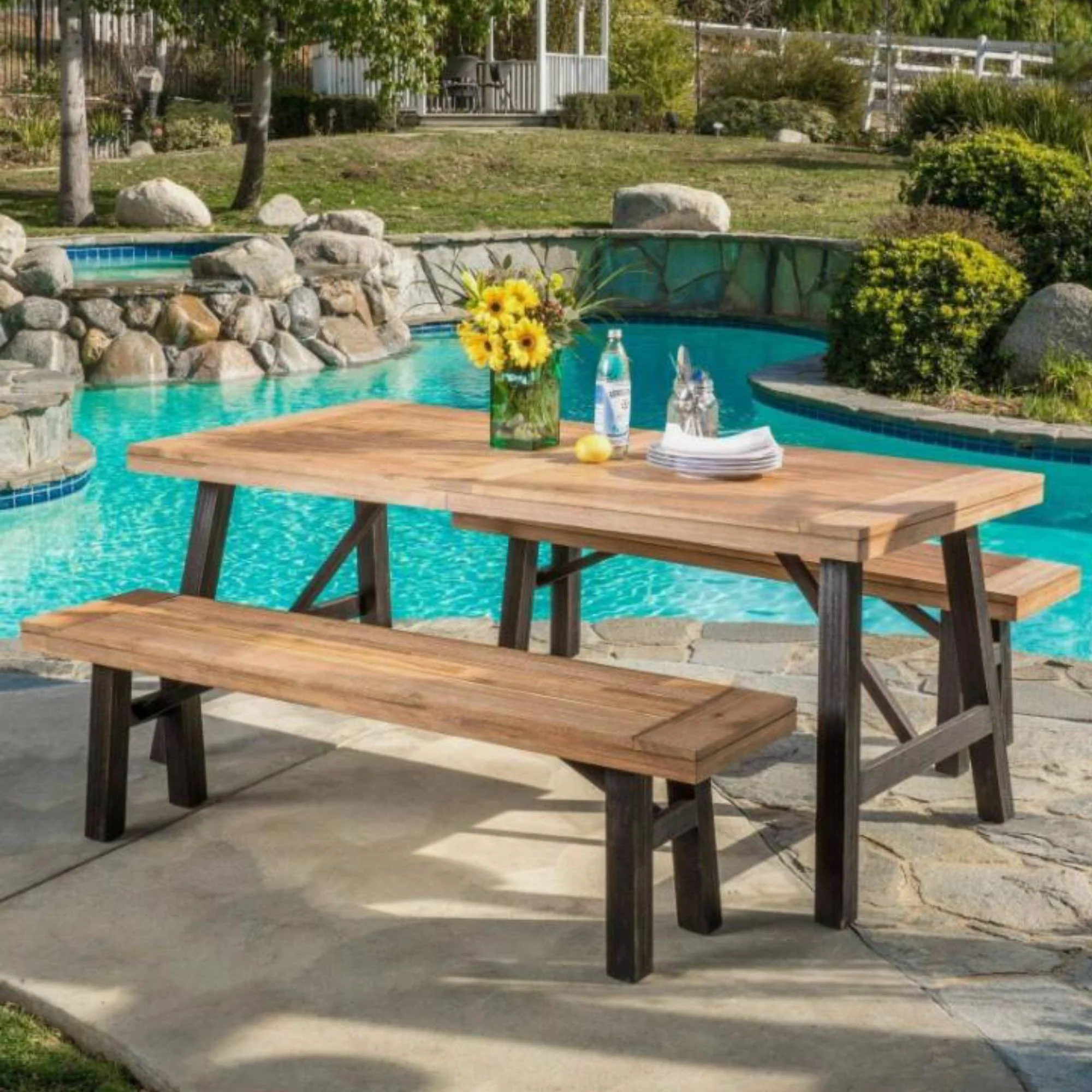 Outdoor Dining Set With 2 Bench And 1 Dining Table - Light Brown - Image 3