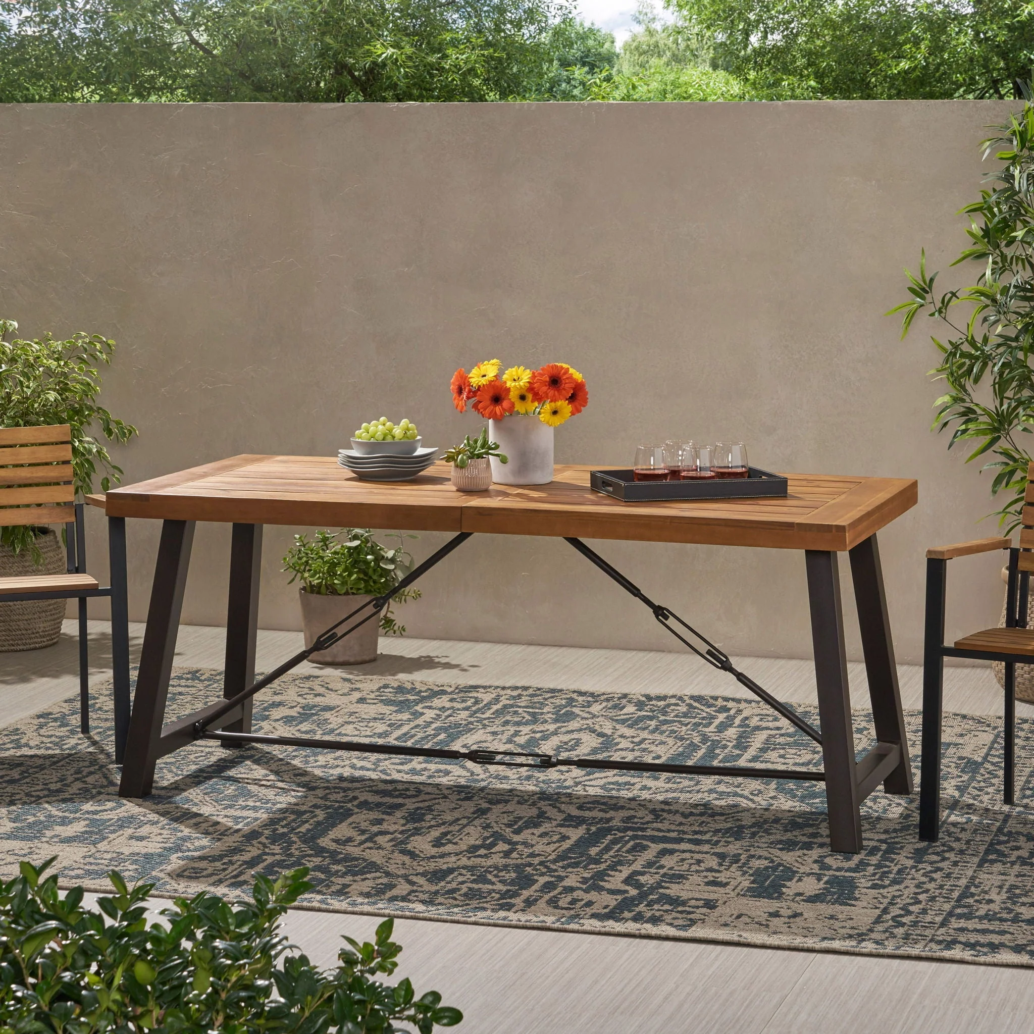 Outdoor Dining Table With Slat Wooden Panel And Turnbuckle Accents - Teak - Image 2