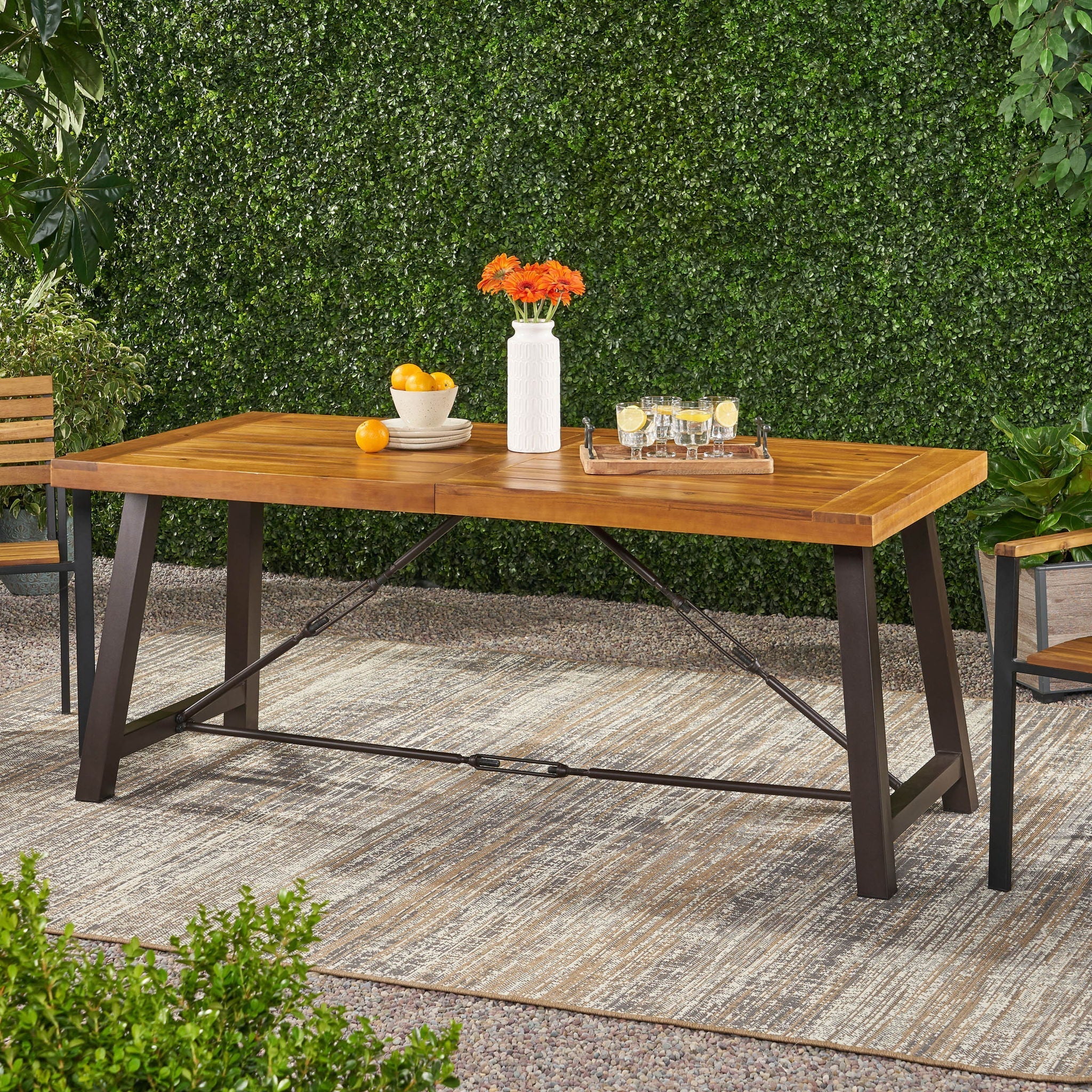Outdoor Dining Table With Slat Wooden Panel And Turnbuckle Accents - Teak - Image 4