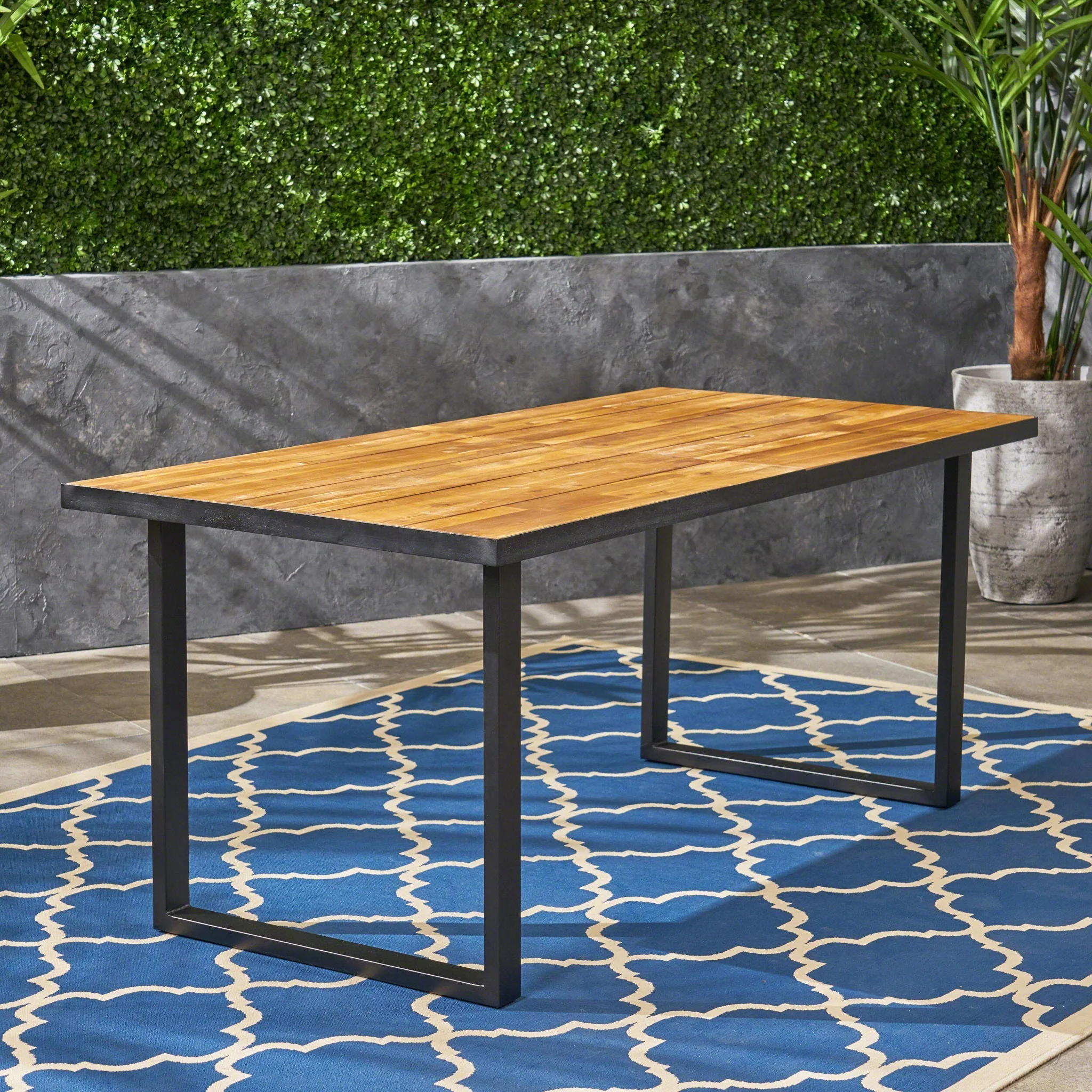 Outdoor Dining Table With U Shape Legs And Slat Top Table - Teak - Image 2