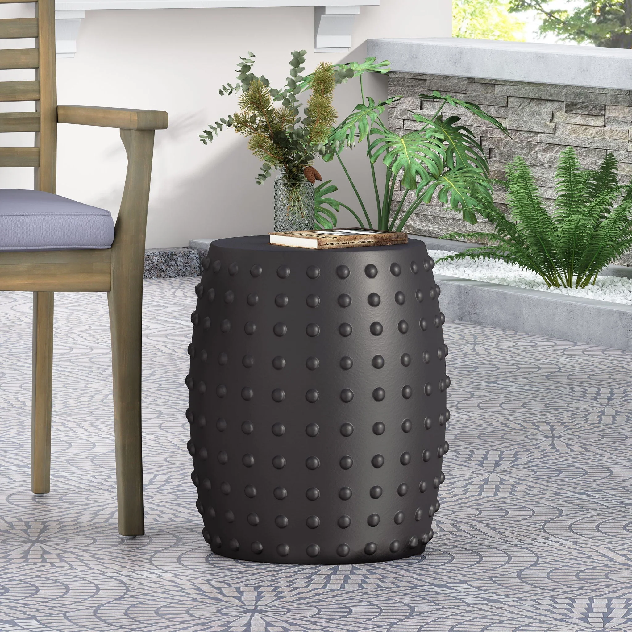 Outdoor End Table with Outstanding Studded Design - Matte Black - Image 3