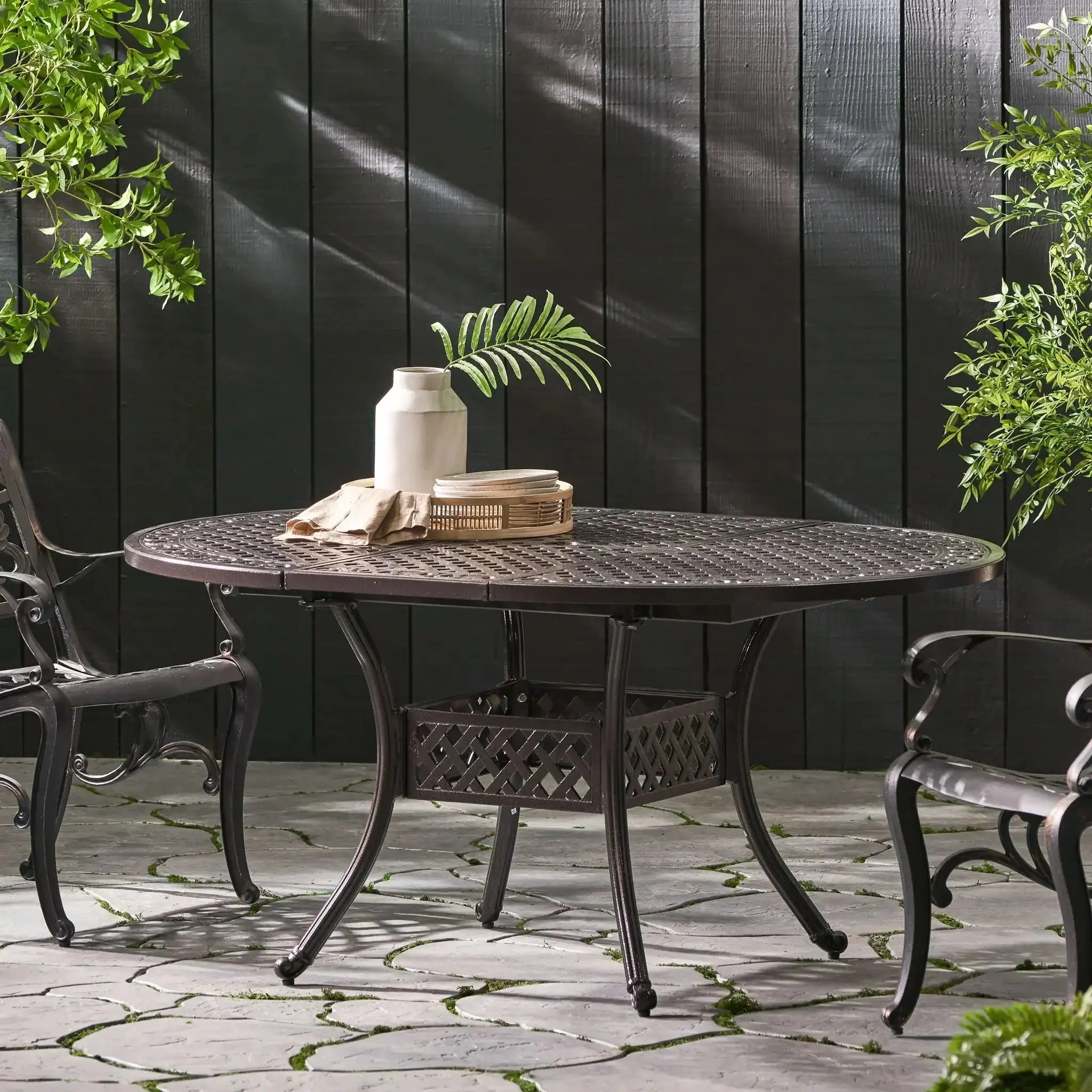 Outdoor Expandable Aluminum Dining Table With Latticework Details And Curvy Legs - Image 4