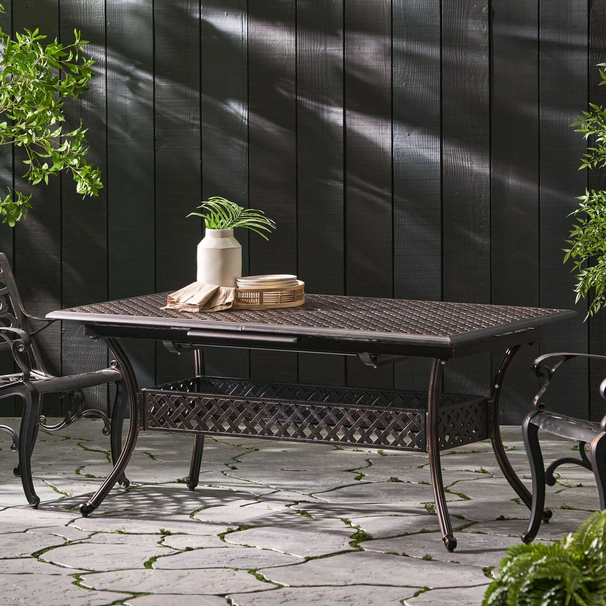 Outdoor Expandable Dining Table With Umbrella Holder, Lattice Pattern And Curved Legs - Black - Image 2