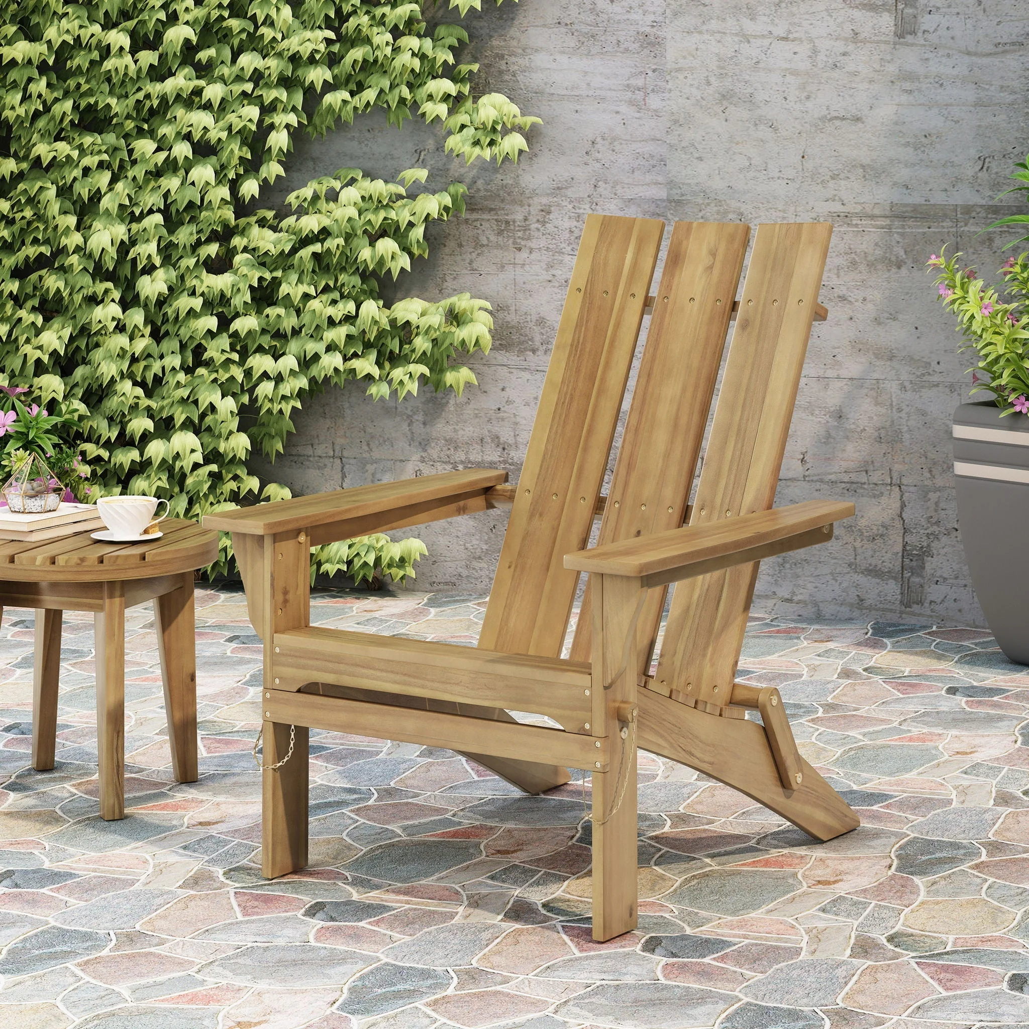 Outdoor Foldable Adirondack Chair With Slat Back - Natural - Image 3