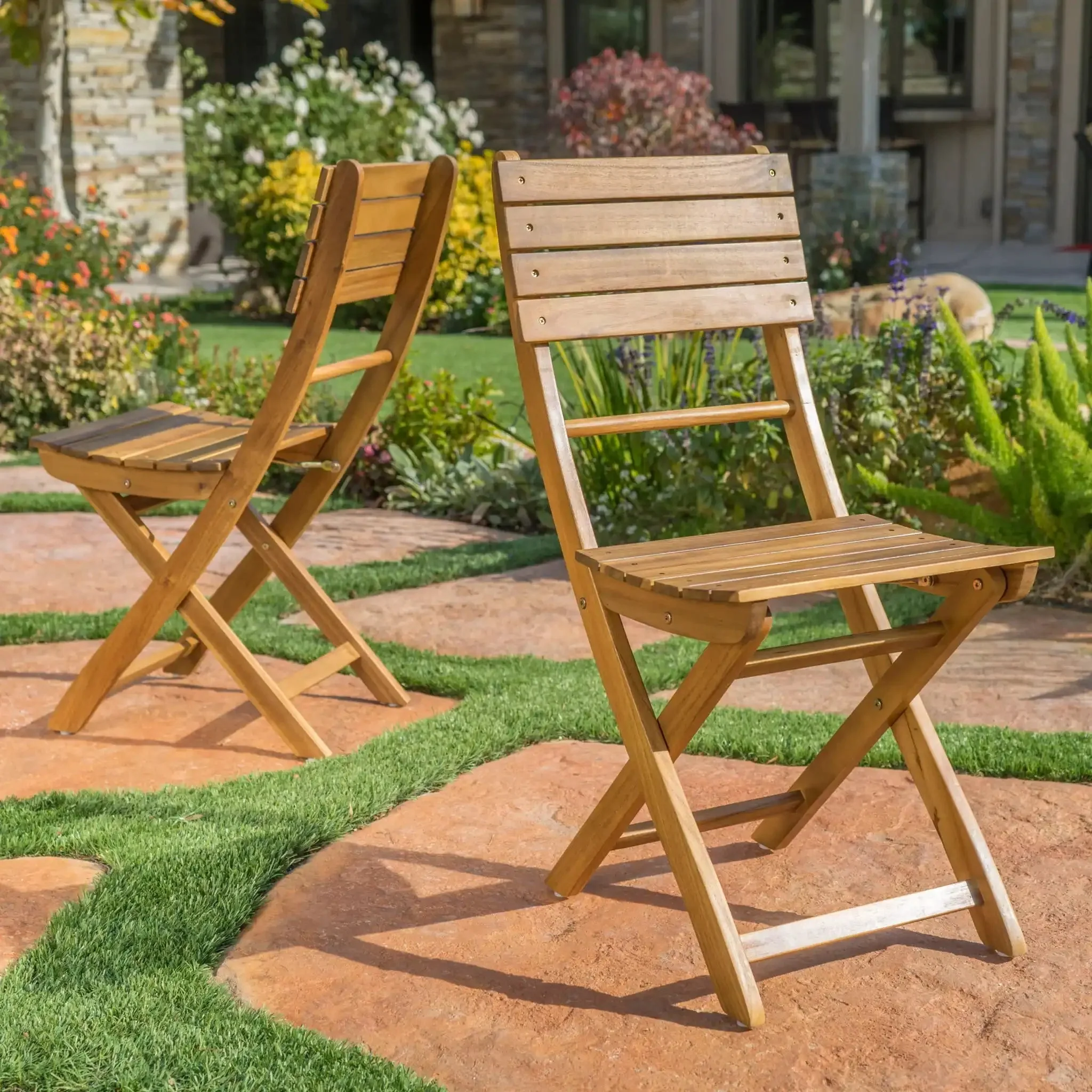 Outdoor Foldable Wood Dining Chair With Slat Design (Set of 2) - Image 7