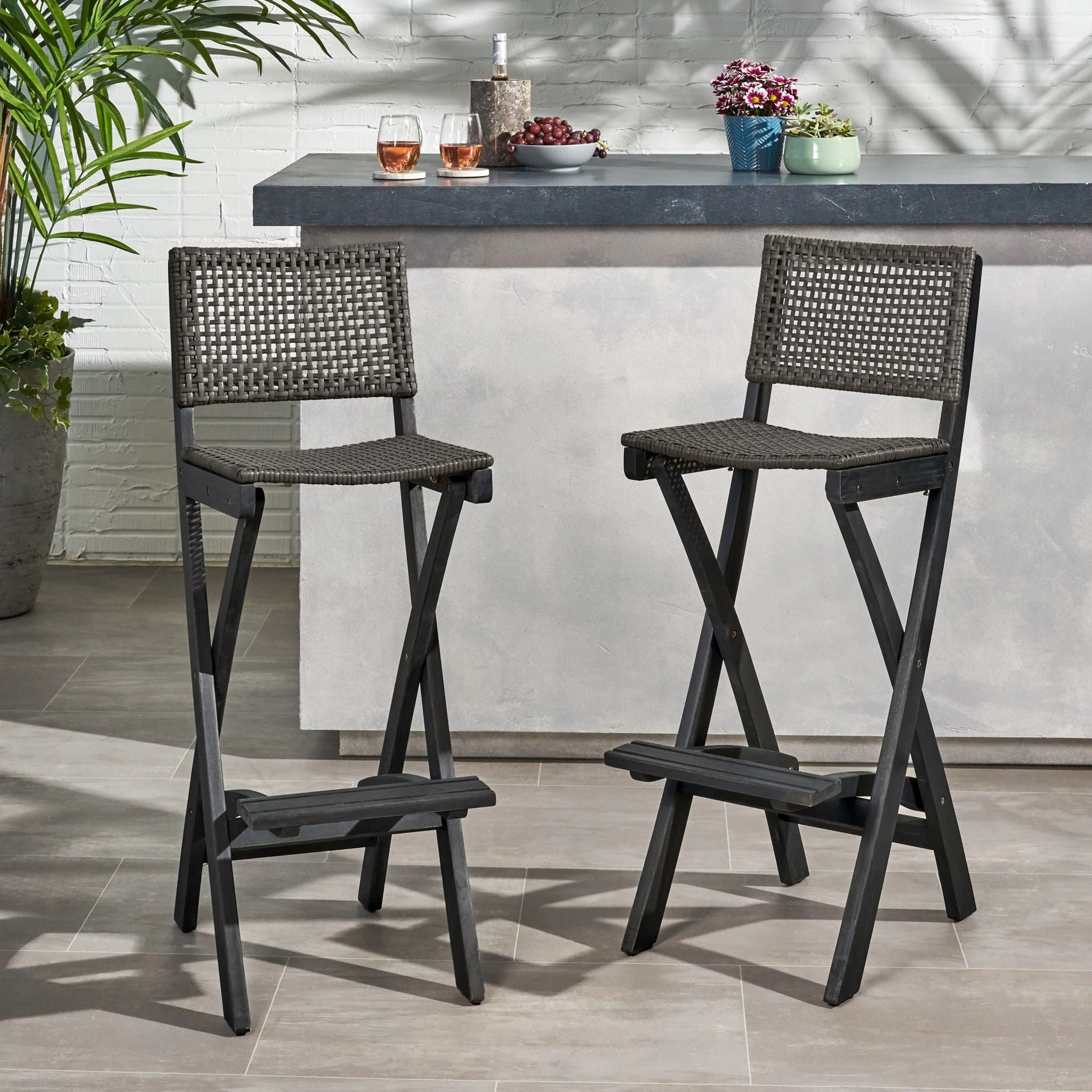 Outdoor Folding Acacia Wood Barstools With Rattan Backrest And Seat - Image 2