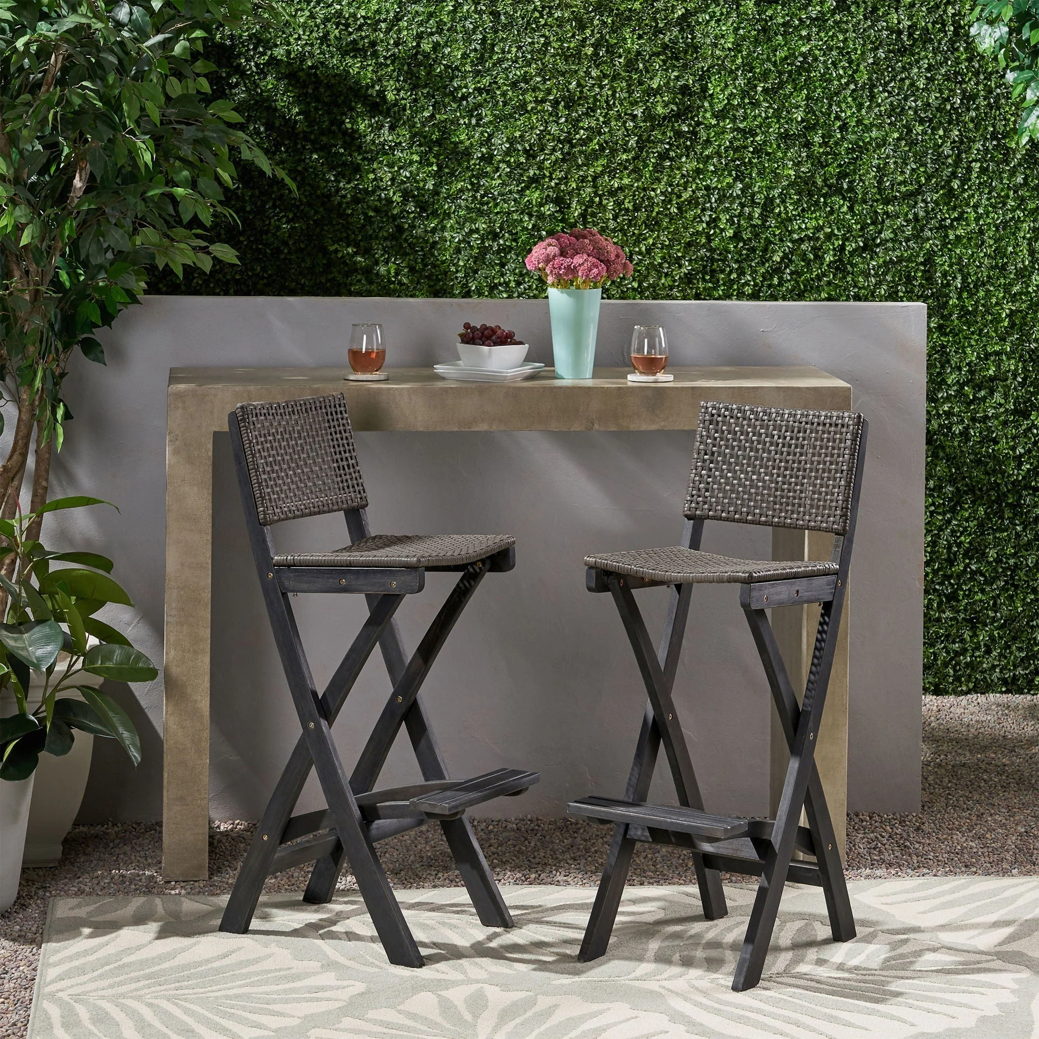Outdoor Folding Acacia Wood Barstools With Rattan Backrest And Seat - Image 3