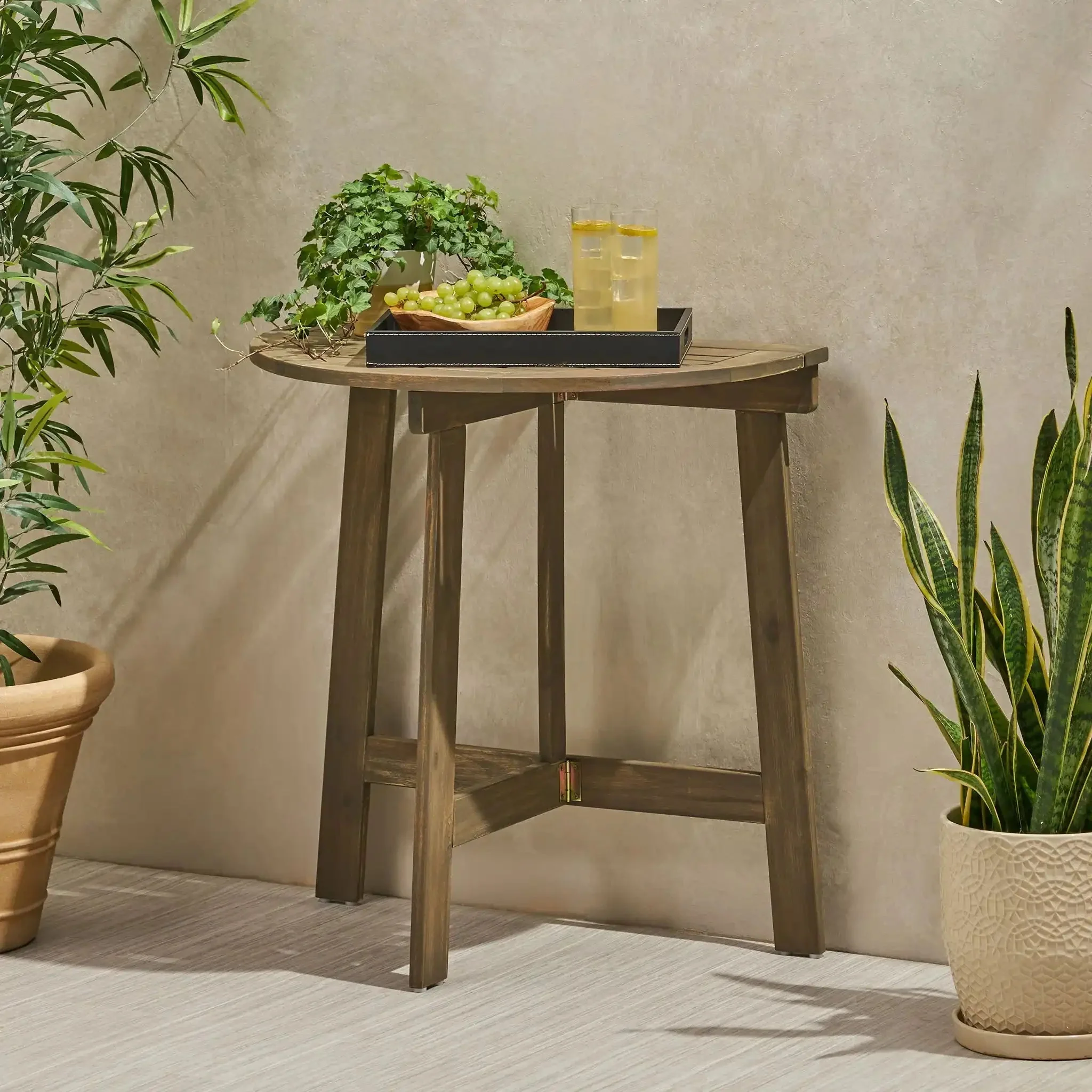 Outdoor Half Round Folding Acacia Wood Bistro Table - Image 5