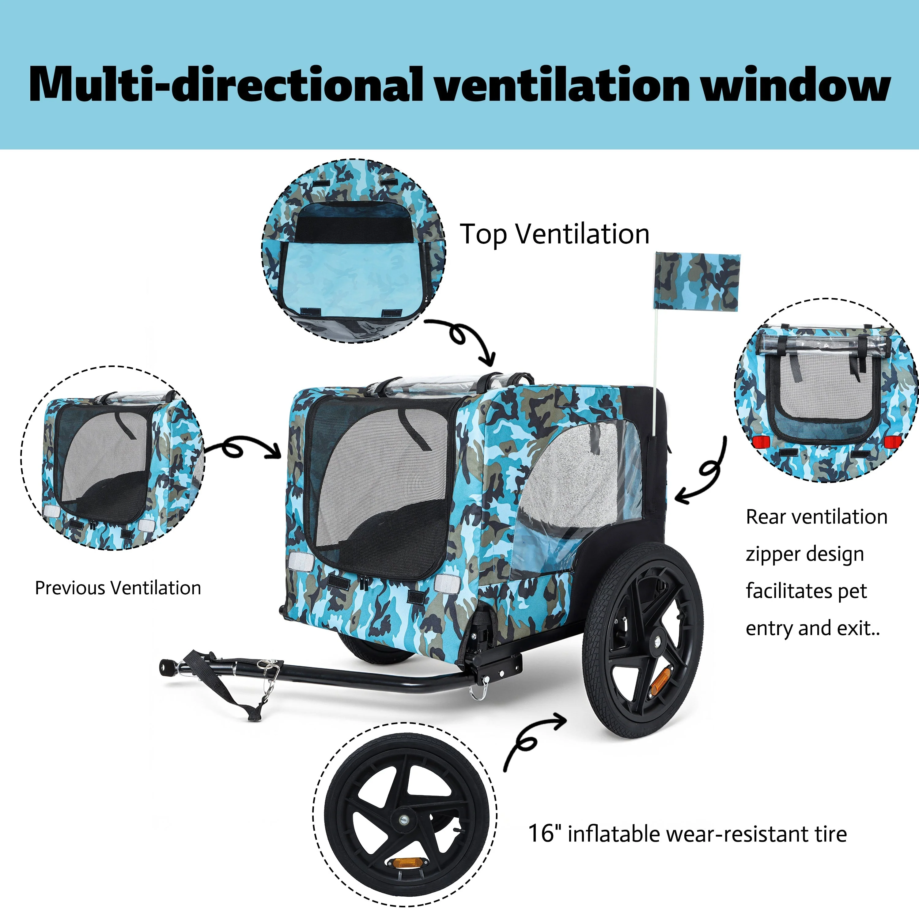 Outdoor Heavy Duty Collapsible Pet Bike Trailer with 16-Inch Wheels - Image 3