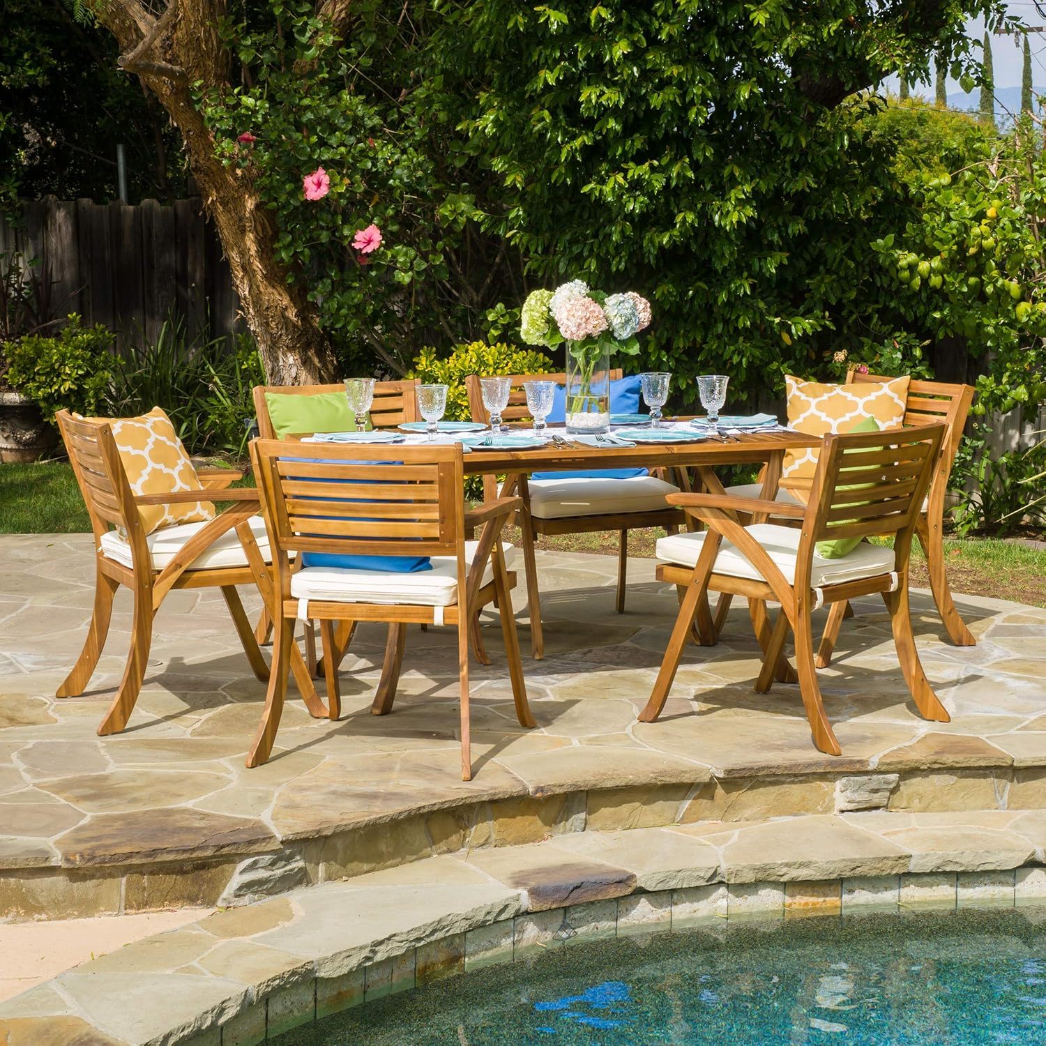 Outdoor Hermosa 7 Piece Wood Dining Set With Cushions - Teak - Image 3