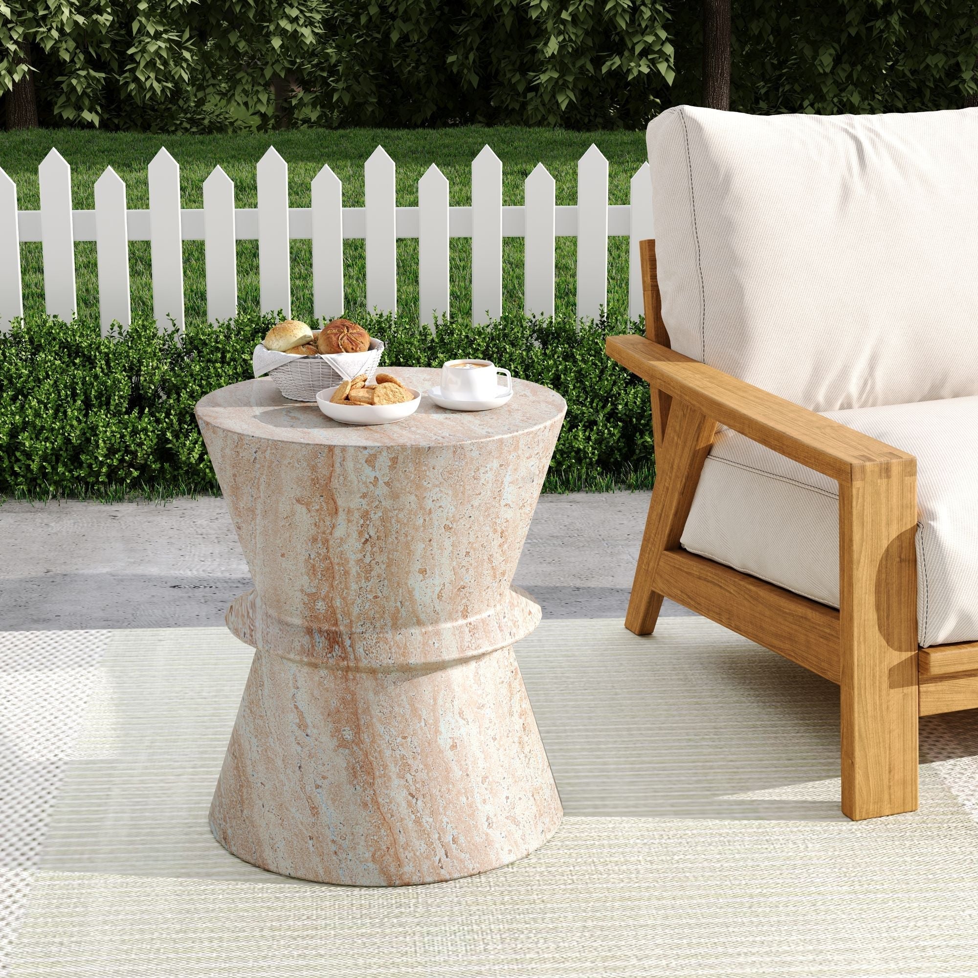 Outdoor / Indoor Lightweight Concrete Side Table with Travertine - Beige - Image 3