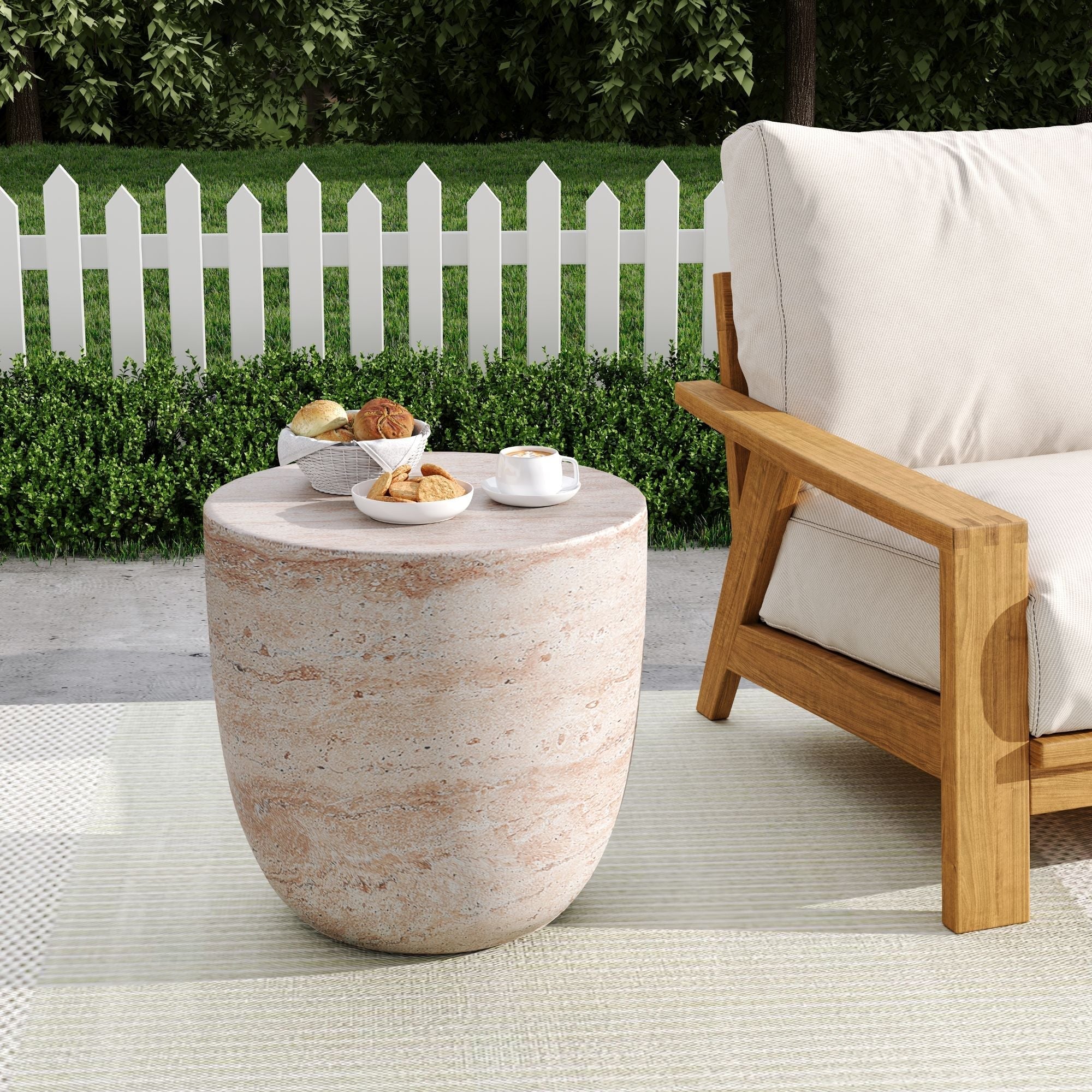 Outdoor / Indoor, Lightweight Concrete Side Table With Travertine - Beige - Image 3