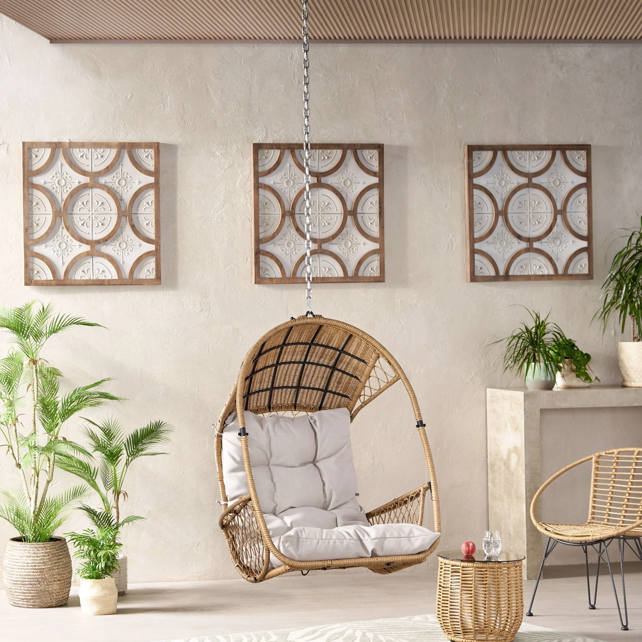 Outdoor / Indoor Wicker Hanging Chair with 8Ft Chain - Light Brown / Beige - Image 2