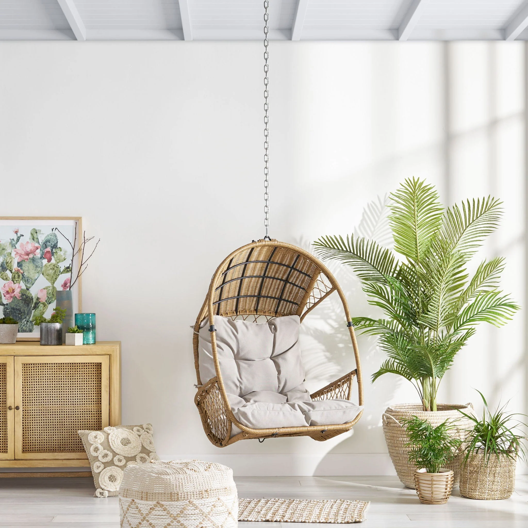Outdoor / Indoor Wicker Hanging Chair with 8Ft Chain - Light Brown / Beige - Image 3