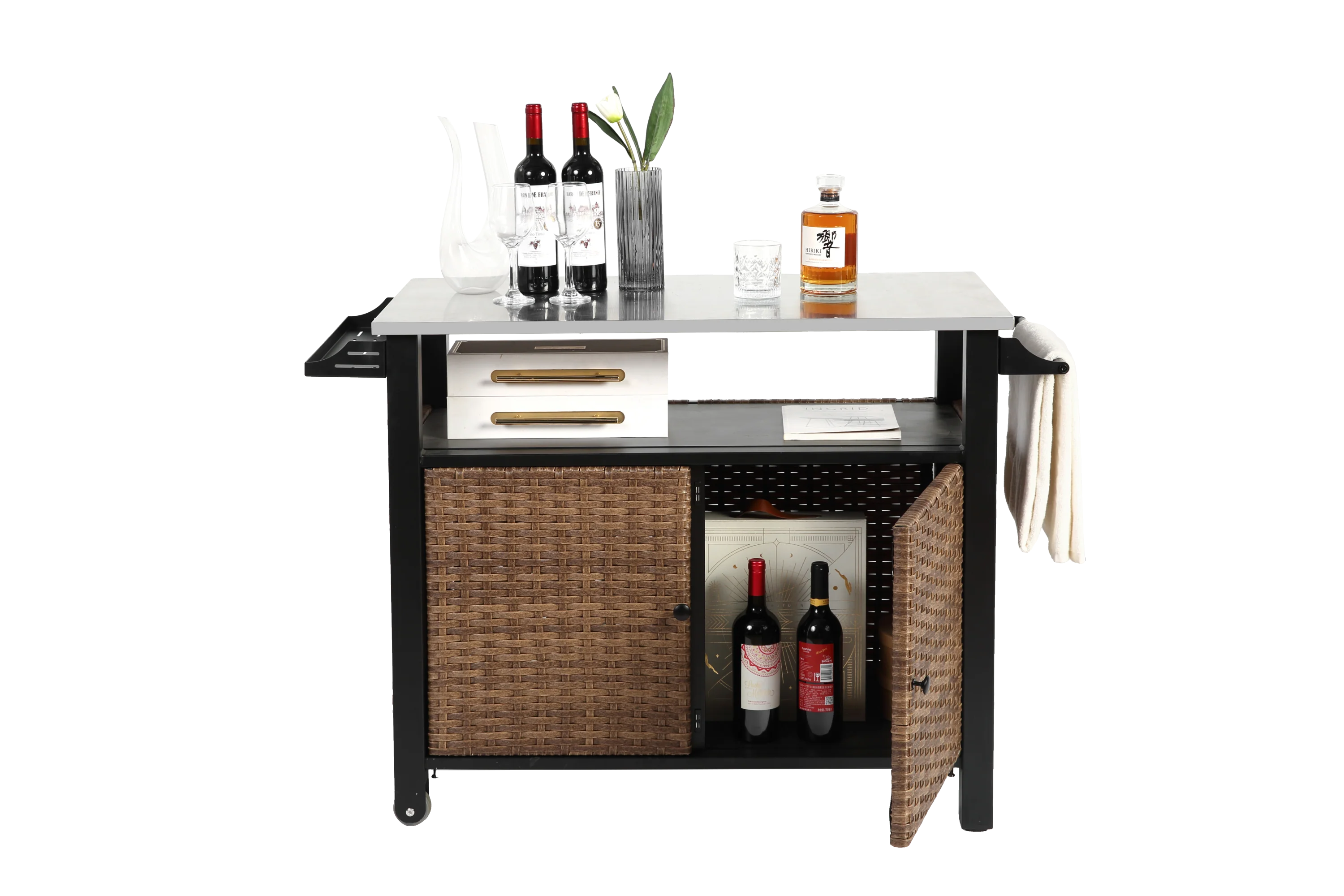 Outdoor Kitchen Wicker Island Rolling Cart & Storage Cabinet Brown - Image 3