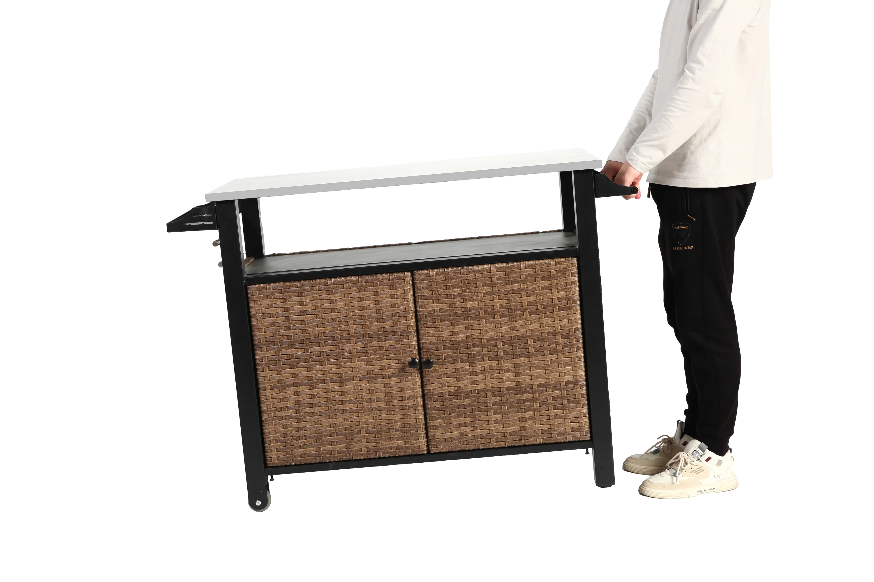 Outdoor Kitchen Wicker Island Rolling Cart & Storage Cabinet Brown - Image 4