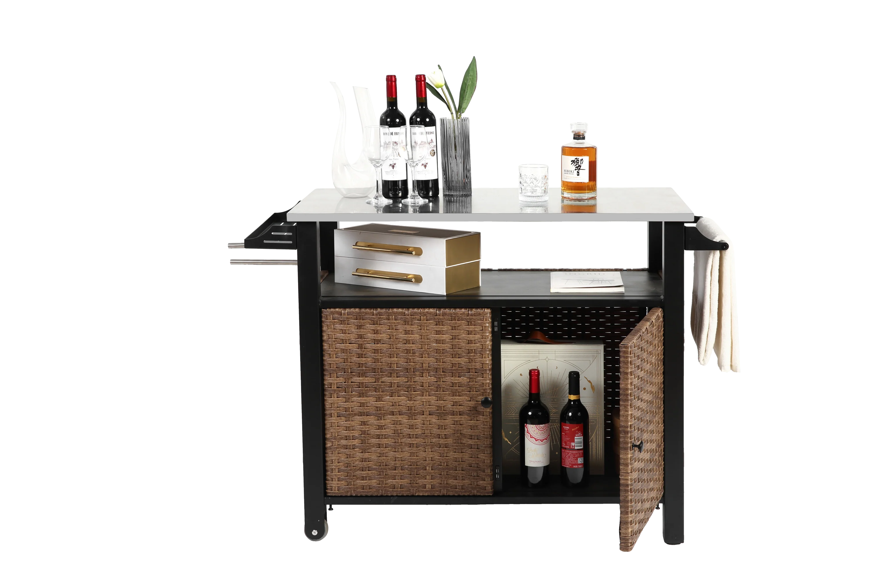 Outdoor Kitchen Wicker Island Rolling Cart & Storage Cabinet Brown - Image 7