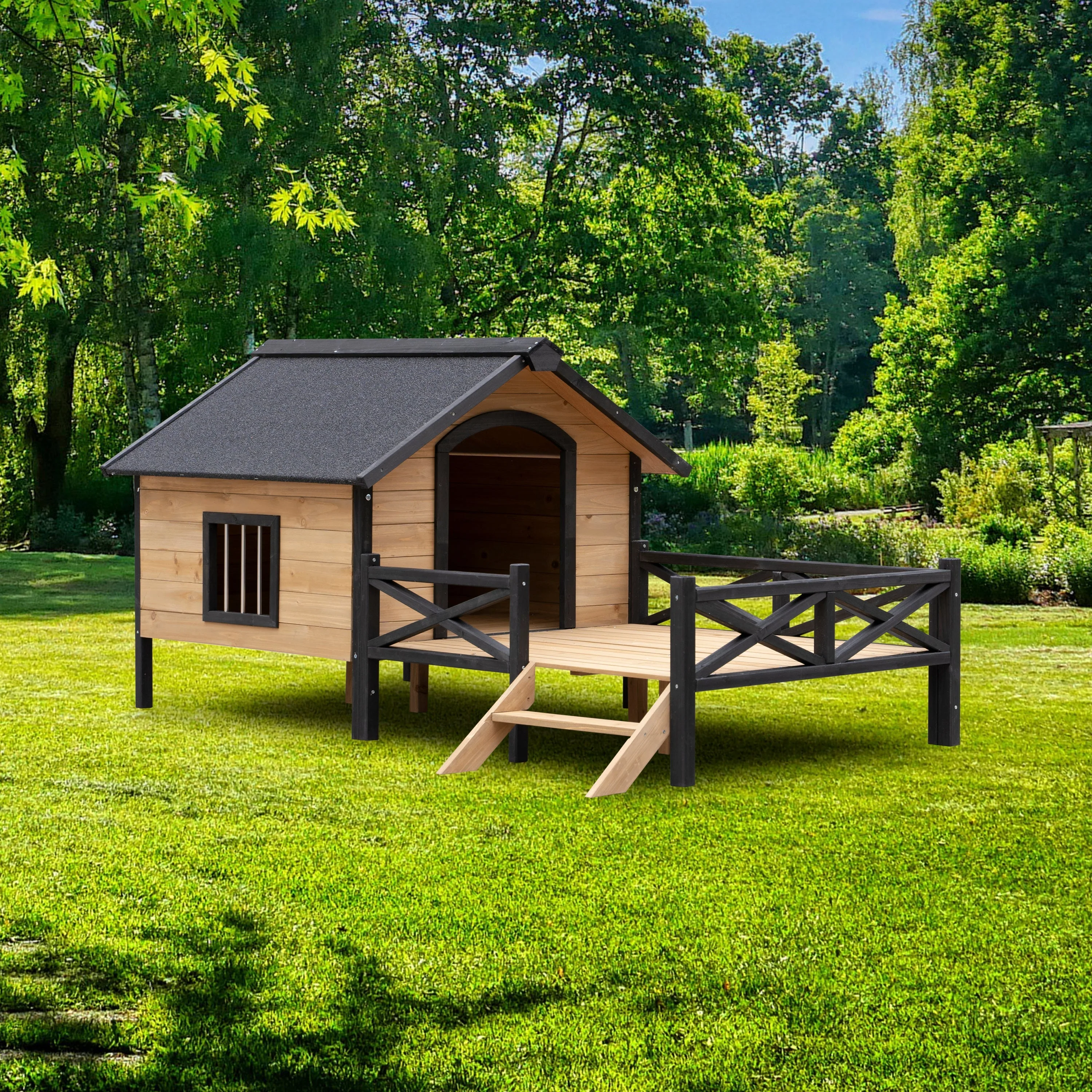 Outdoor Large Wooden Cabin House Style Dog Kennel with Porch - Image 2