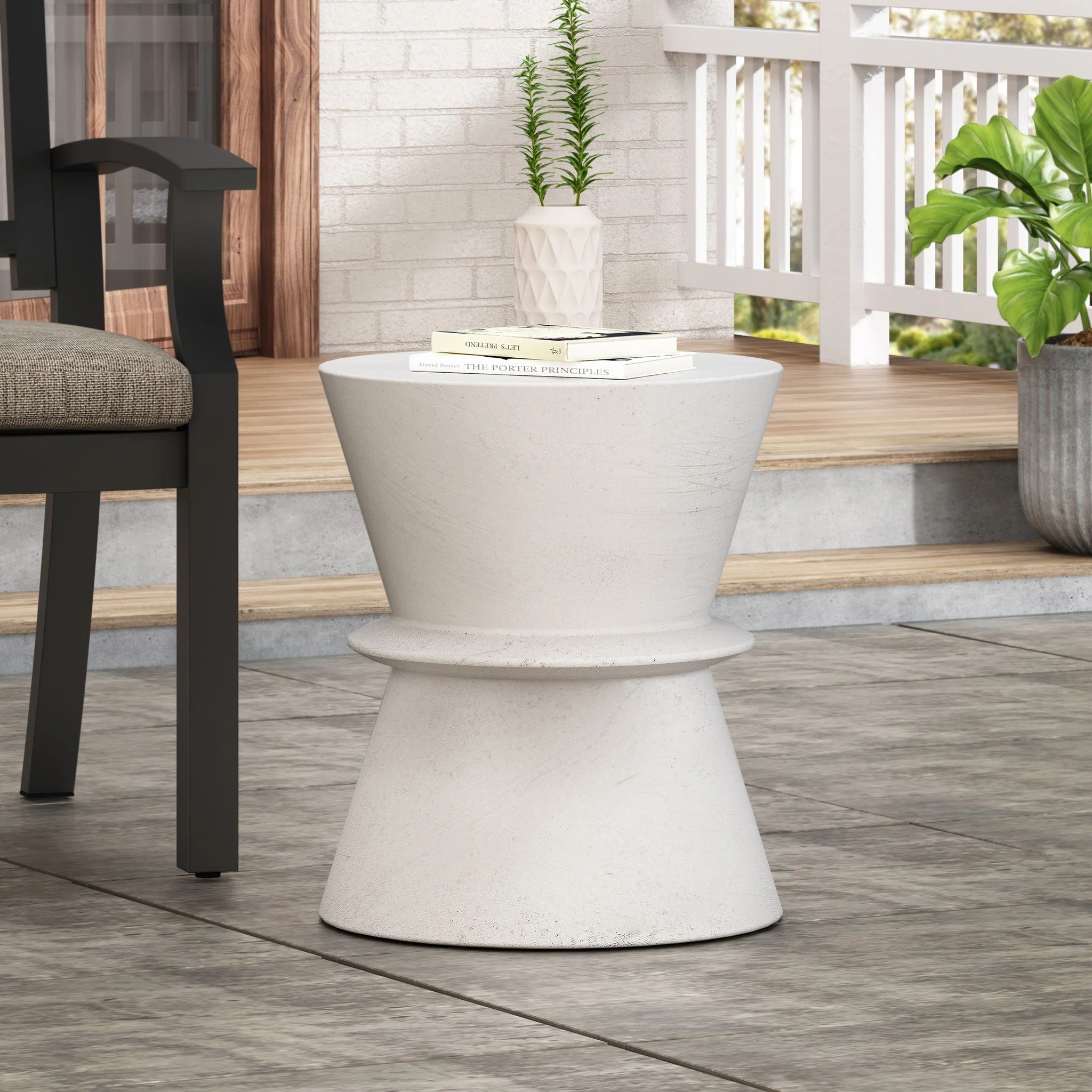 Outdoor Lightweight Concrete End Table with Hourglass Structure - Antique White - Image 2