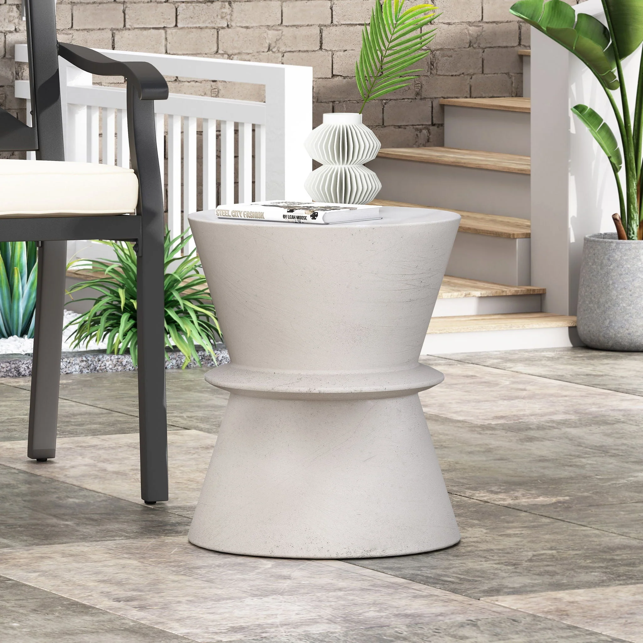 Outdoor Lightweight Concrete End Table with Hourglass Structure - Antique White - Image 4