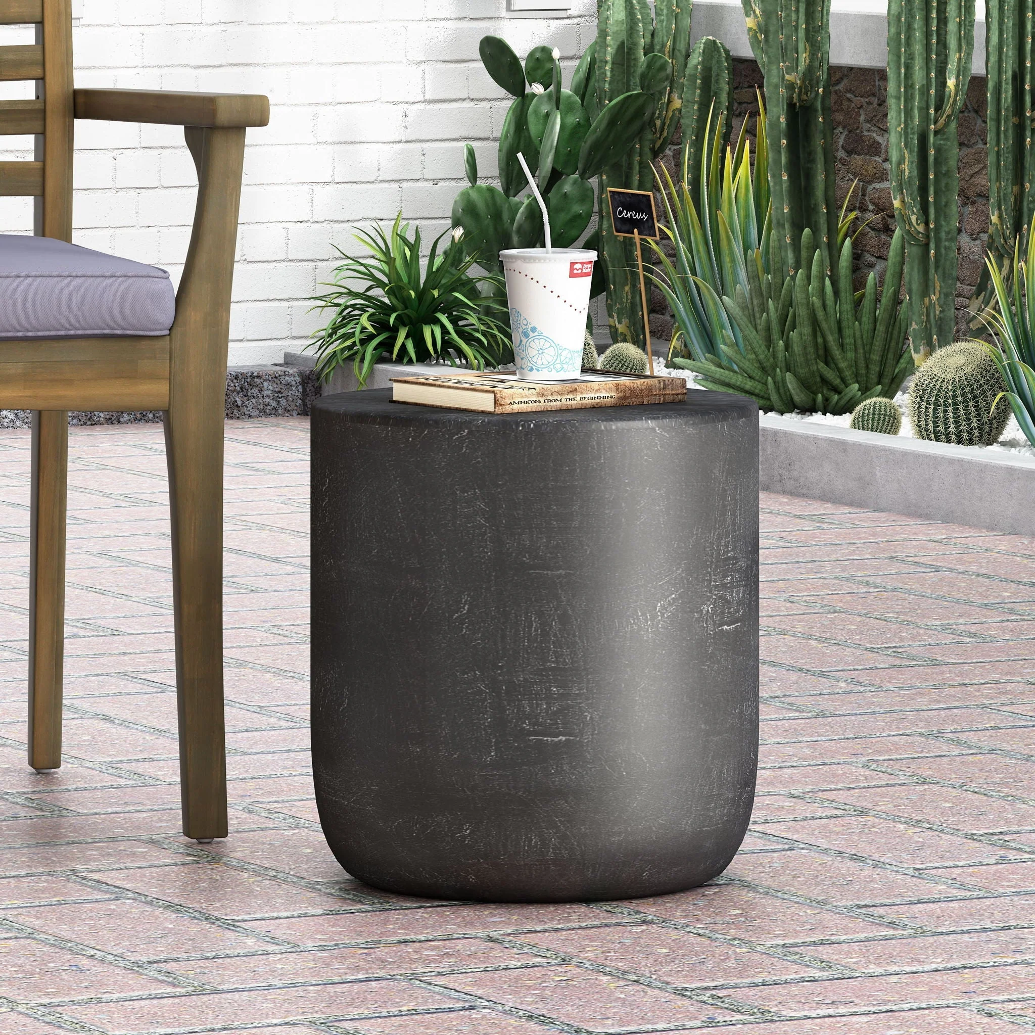 Outdoor Lightweight Concrete End Table With Natural Texture - Matte Black - Image 2