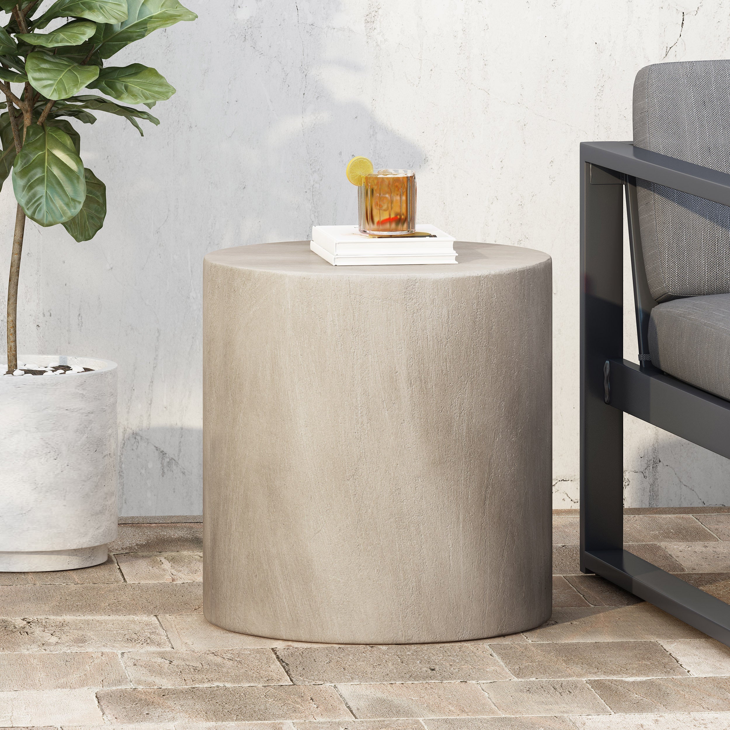 Outdoor Lightweight Concrete Side Table, Light Gray - Image 2