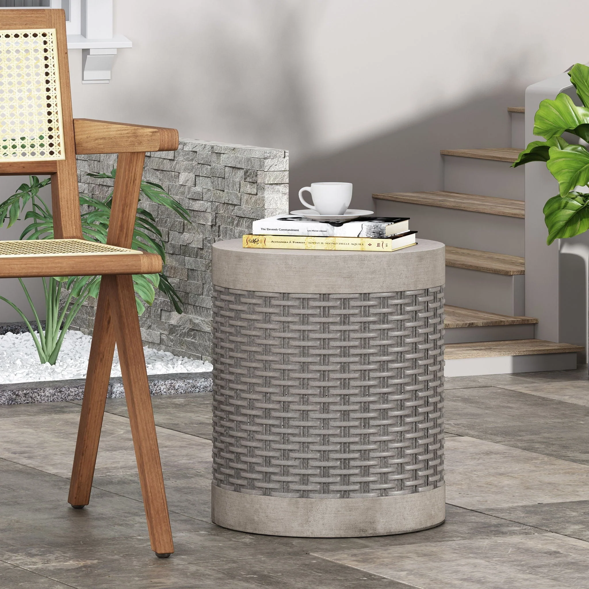 Outdoor Lightweight End Table Round Concrete Outdoor Side Table - Natural - Image 4