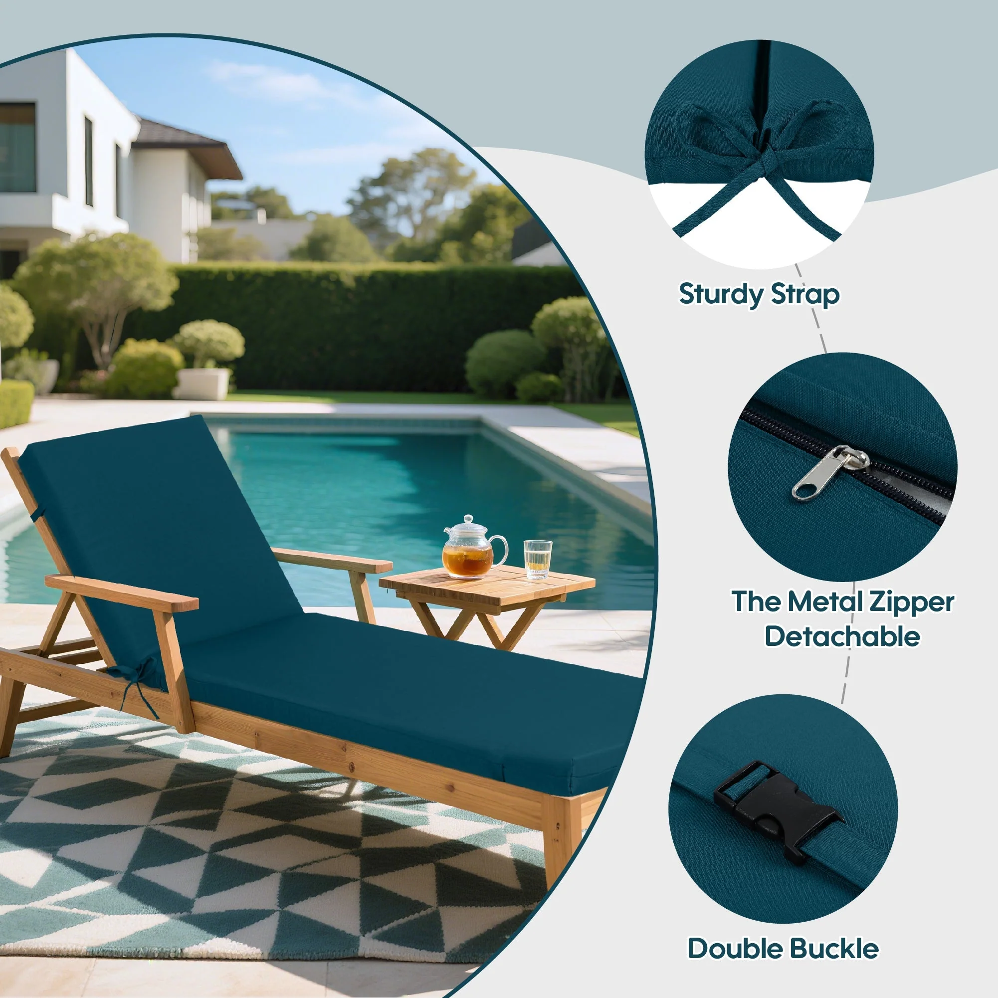 Outdoor Lounge Chair Cushion Set - Lake Blue Polyester, UV & Fade Resistant, 2PCS - Image 14