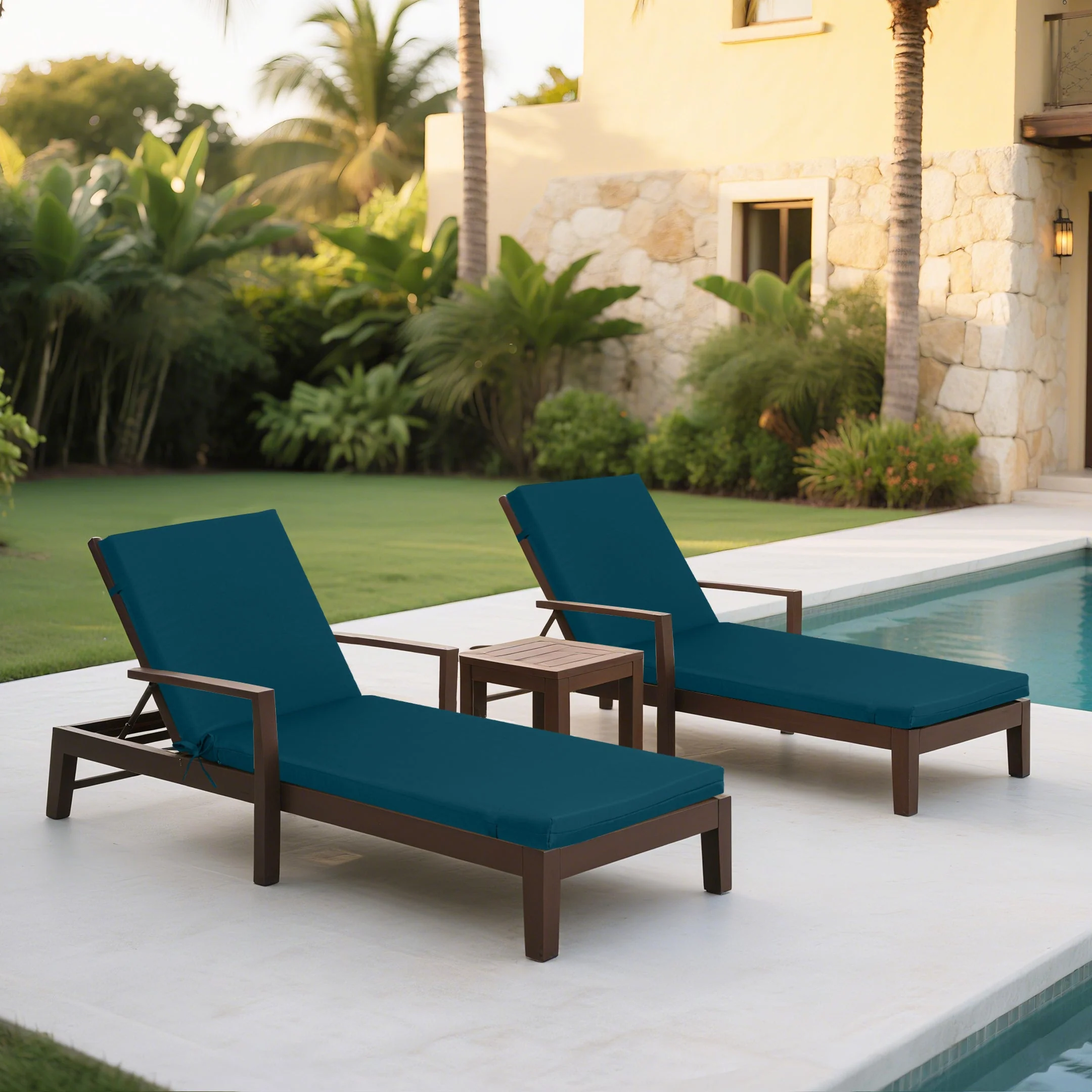 Outdoor Lounge Chair Cushion Set - Lake Blue Polyester, UV & Fade Resistant, 2PCS - Image 2