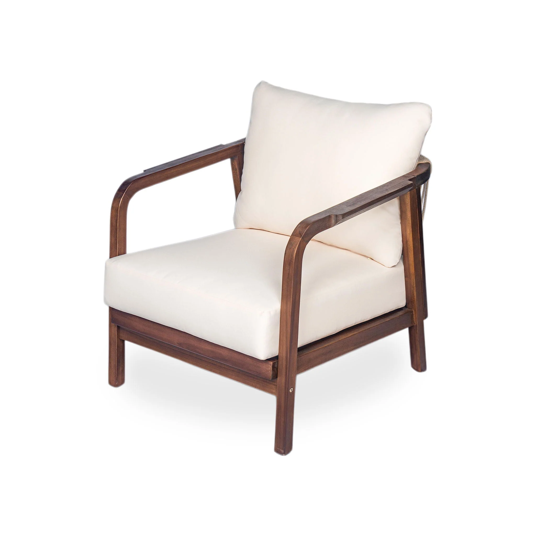 Outdoor Lounge Chair With Woven Backrest, Solid Wood Frame, Comfortable Cushions