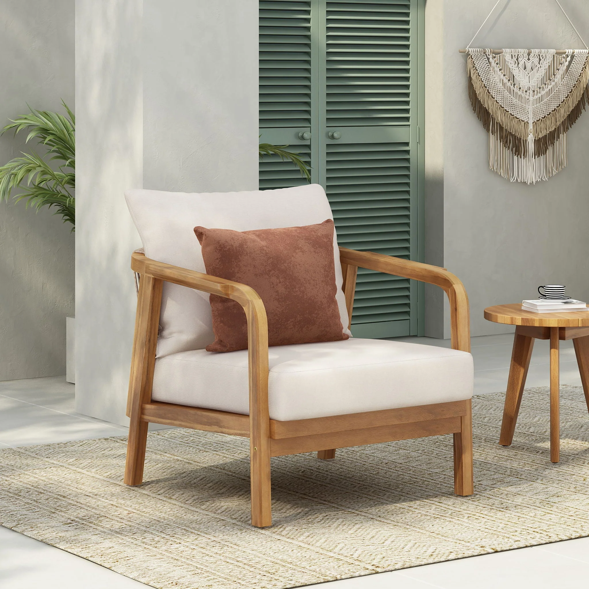 Outdoor Lounge Chair With Woven Backrest, Solid Wood Frame, Comfortable Cushions - Image 13