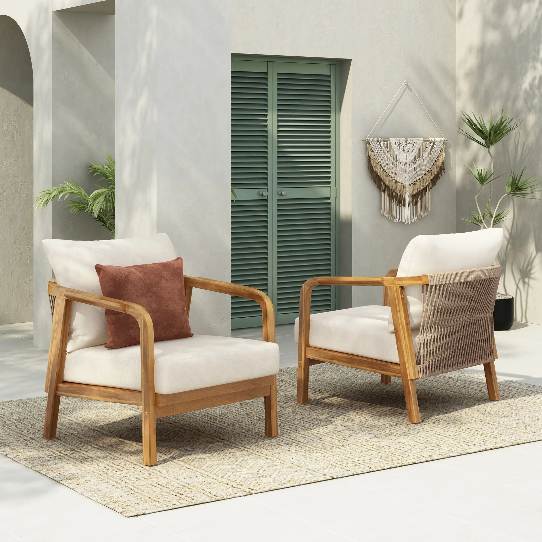Outdoor Lounge Chair With Woven Backrest, Solid Wood Frame, Comfortable Cushions - Image 14
