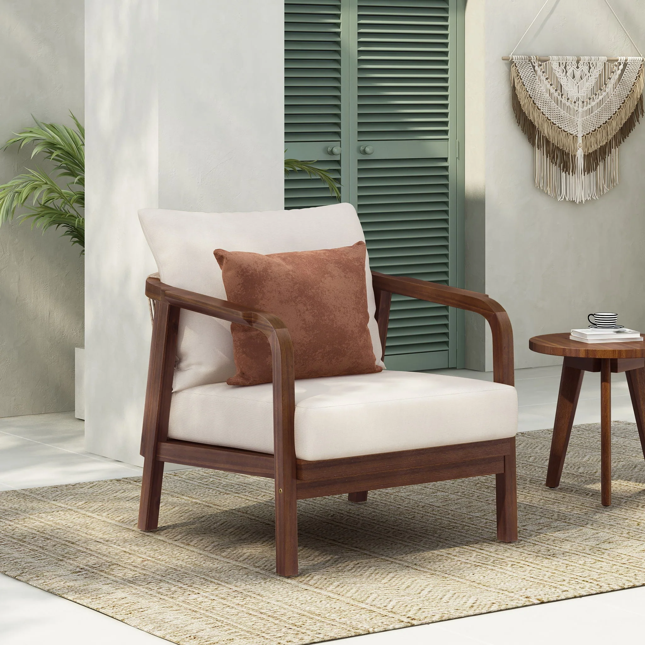 Outdoor Lounge Chair With Woven Backrest, Solid Wood Frame, Comfortable Cushions - Image 5