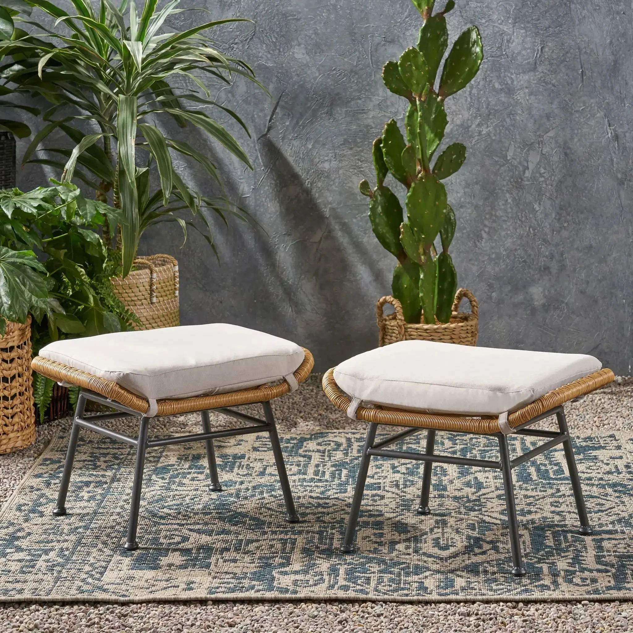 Outdoor Modern Boho Wicker Ottoman With Cushions (Set of 2) - Image 3