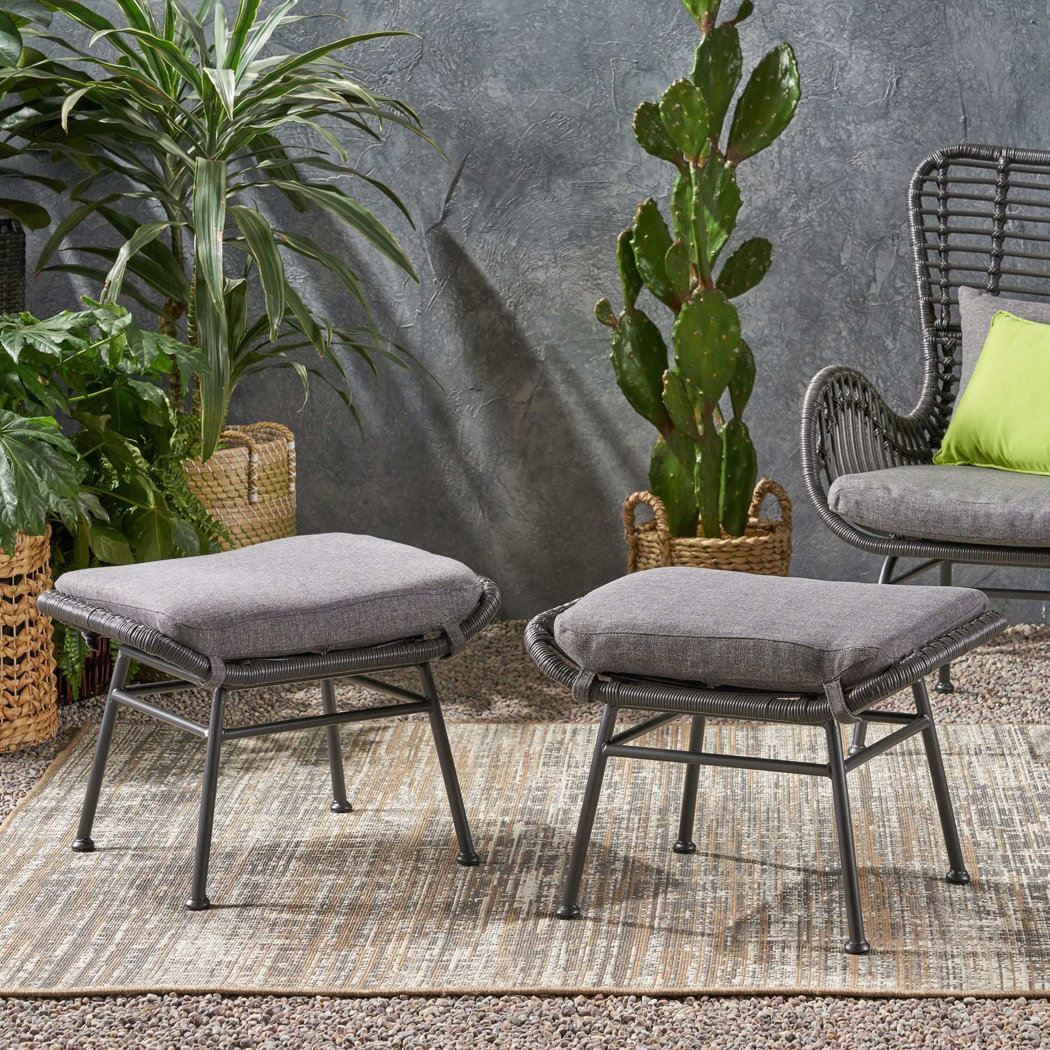 Outdoor Modern Boho Wicker Ottoman With Cushions (Set of 2) - Image 4