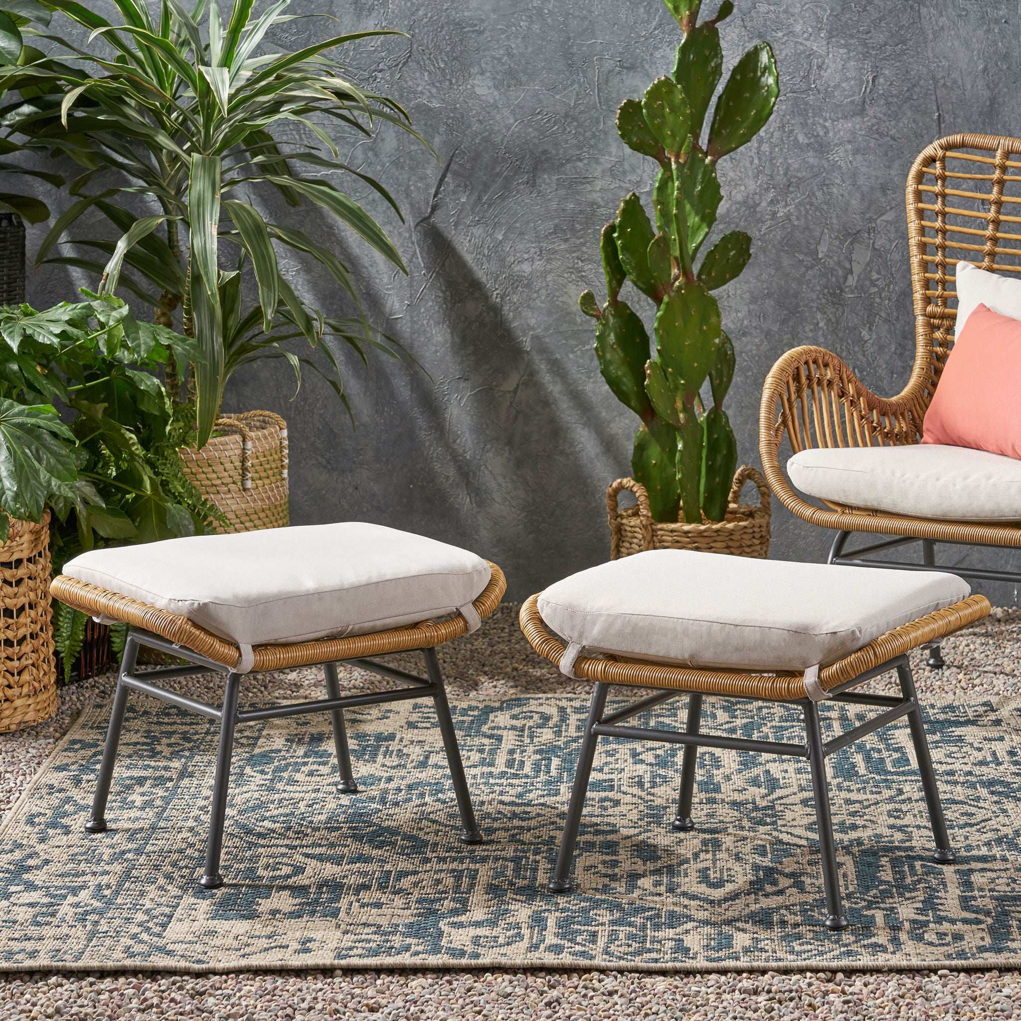 Outdoor Modern Boho Wicker Ottoman With Cushions (Set of 2) - Image 5