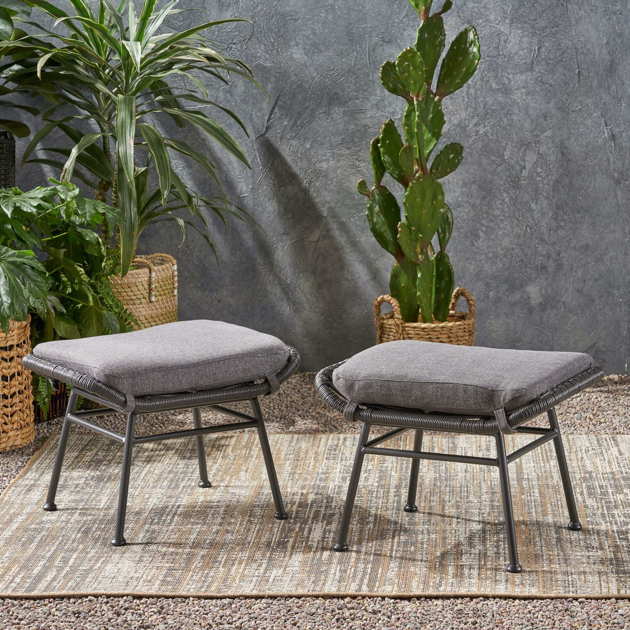 Outdoor Modern Boho Wicker Ottoman With Cushions (Set of 2) - Image 6