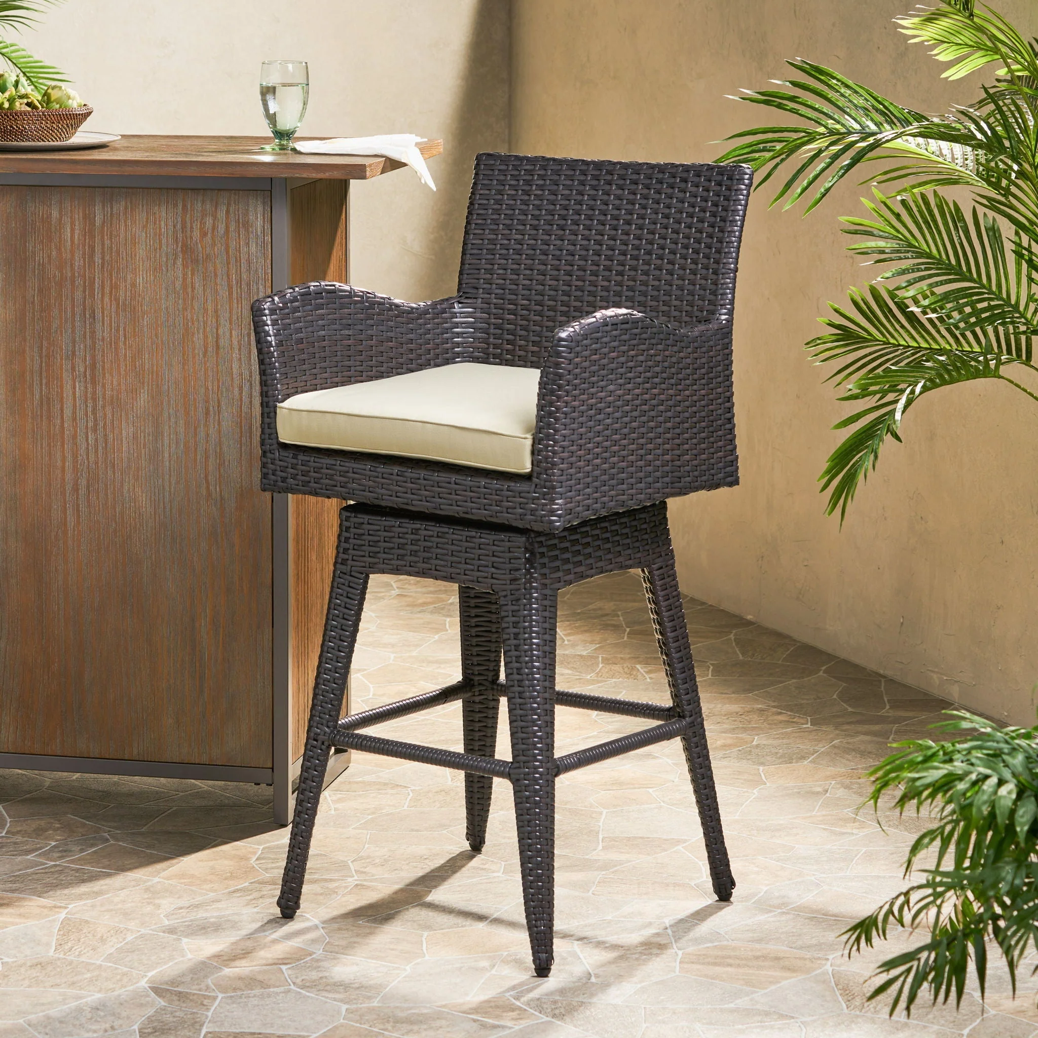 Outdoor Modern Rattan Swivel Barstool With Tapered Legs - Beige / Multibrown - Image 3