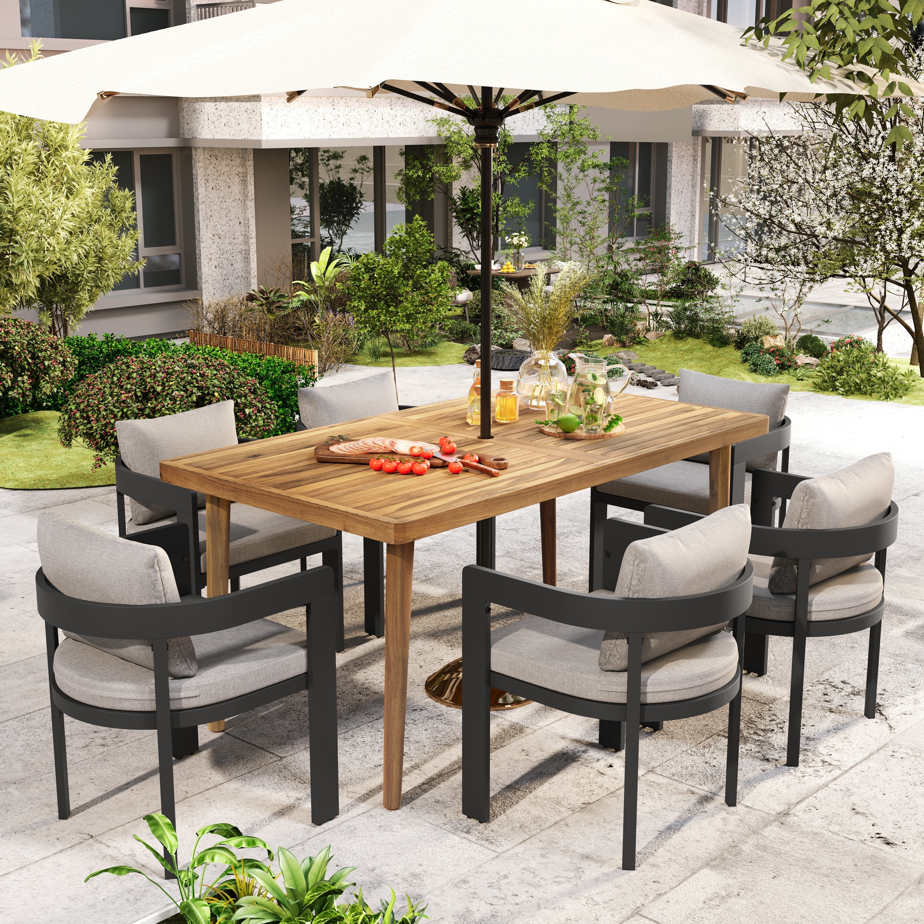 Outdoor Patio 7PCS Dining Set with Aluminum Chairs and Acacia Wood Table - Image 2