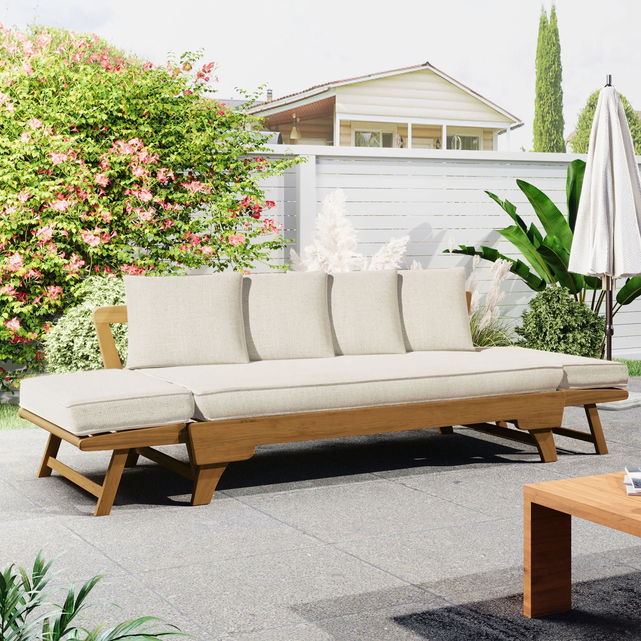 Outdoor Patio Daybed Sofa, 3 Seat Sofa With Foldable Arm 4 Back Pillows - Image 4