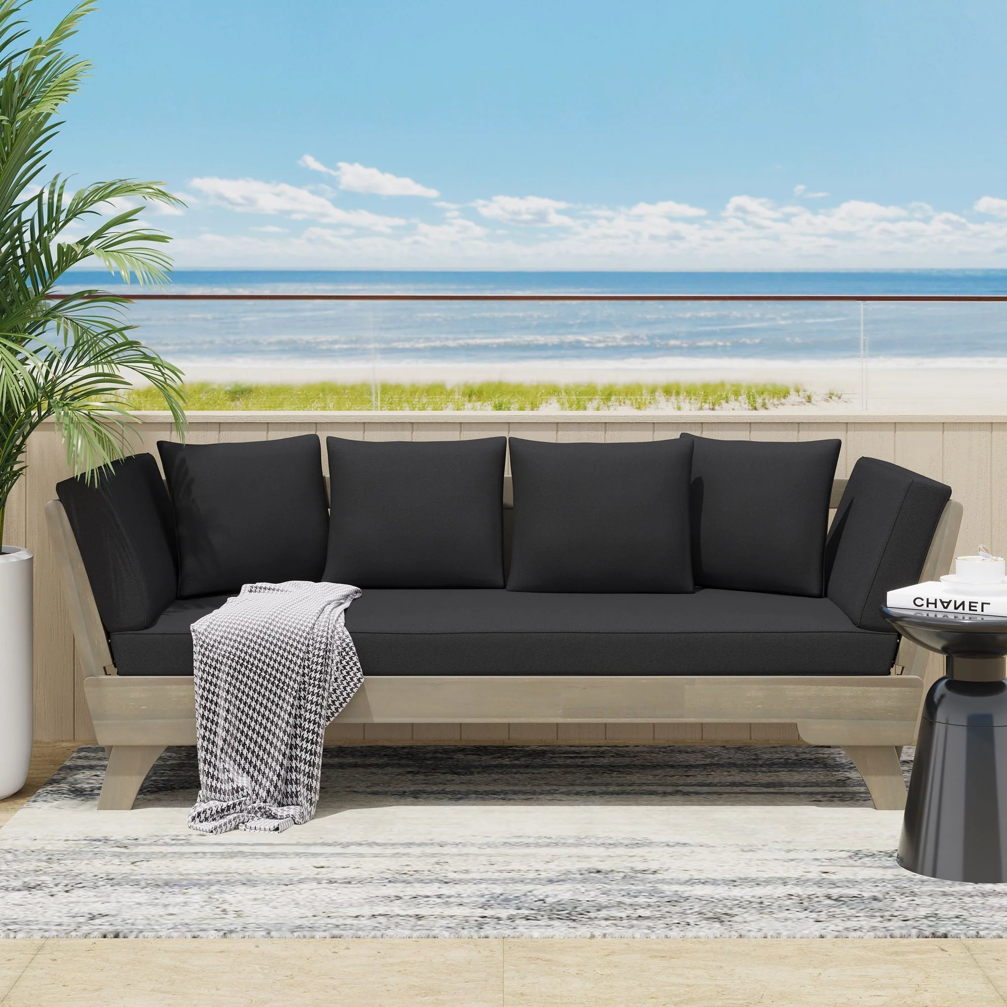 Outdoor Patio Daybed Sofa, 3 Seat Sofa With Foldable Arm 4 Back Pillows - Image 5